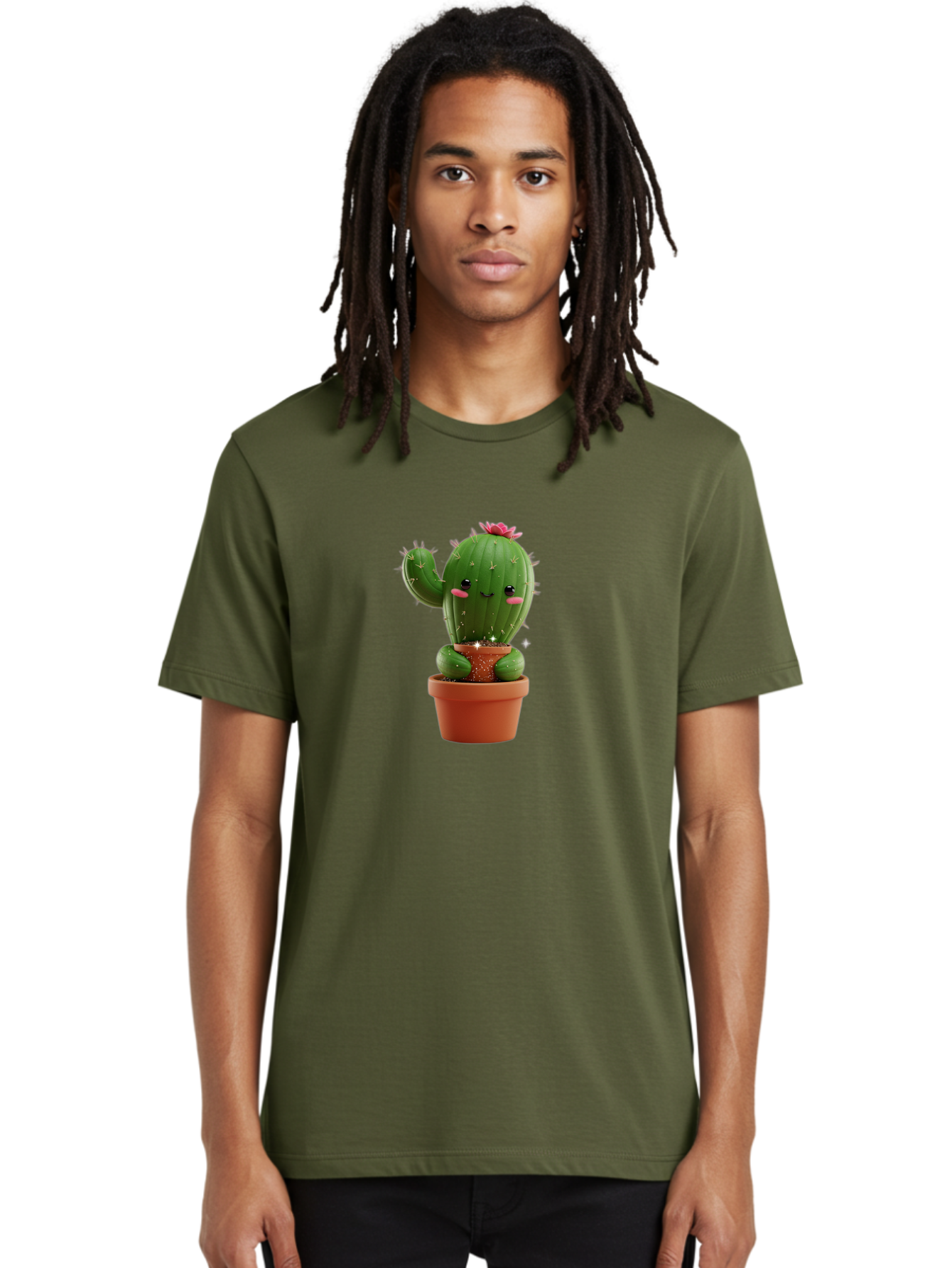 Cactus-With-Pink-Flower Men'S Graphic Tee, 100% Cotton, Comfortable Casual Summer Wear, Machine Washable, Smiling Cactus, Potted Cactus, Cartoon Cactus, Lovely Cactus, Cactus In Pot, Succulent Plant, Cute Character, Kawaii Cactus, Bac762
