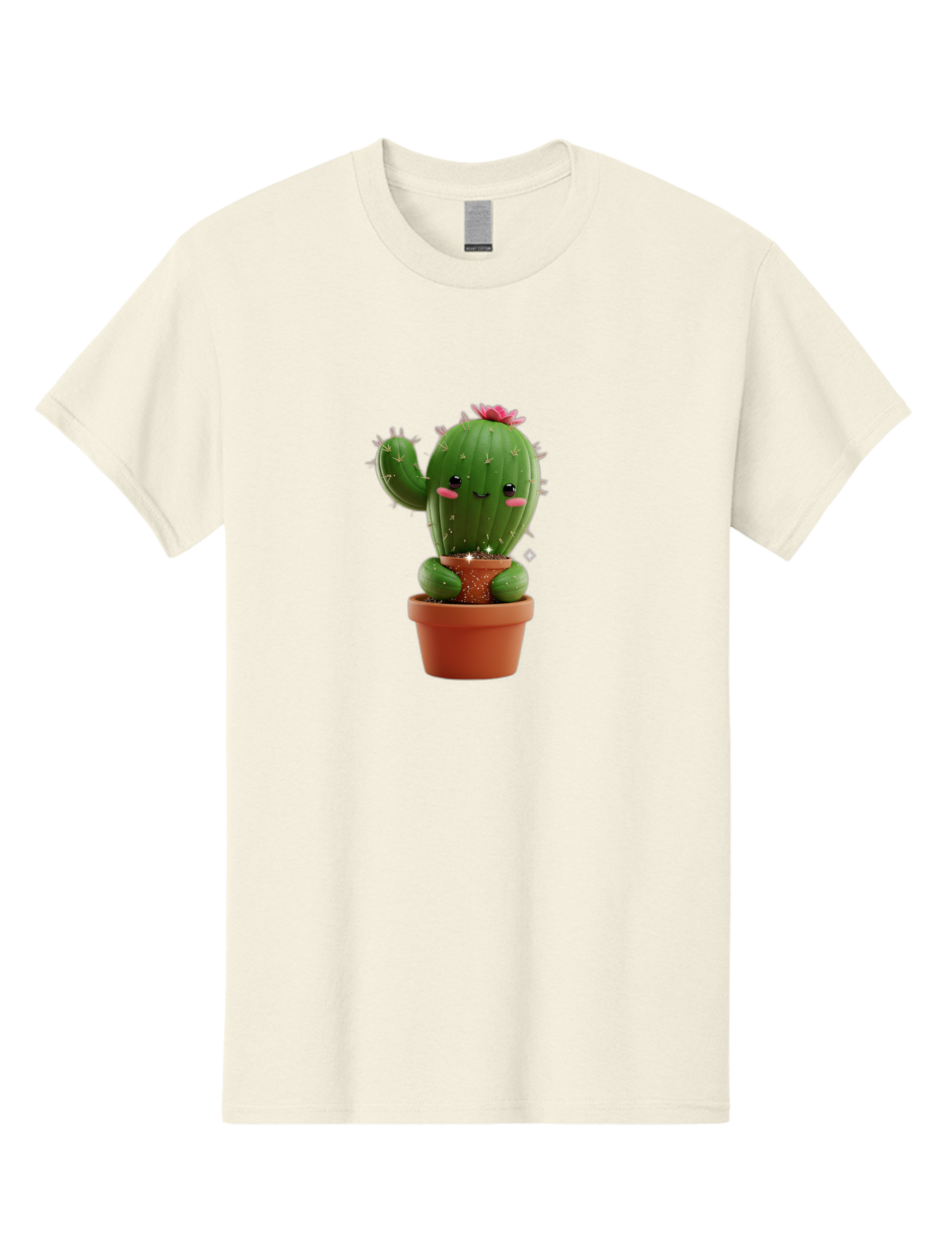 Cactus-With-Pink-Flower Men'S Graphic Tee, 100% Cotton, Comfortable Casual Summer Wear, Machine Washable, Smiling Cactus, Potted Cactus, Cartoon Cactus, Lovely Cactus, Cactus In Pot, Succulent Plant, Cute Character, Kawaii Cactus, Bac762