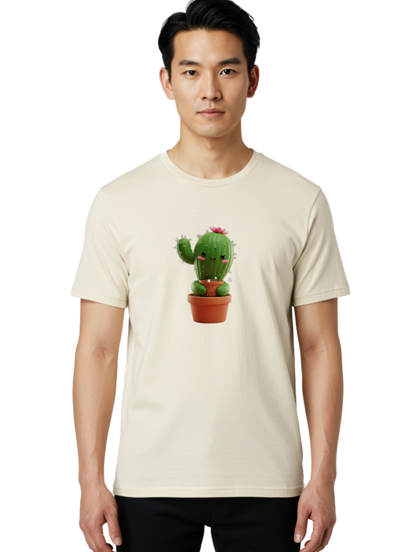 Cactus-With-Pink-Flower Men'S Graphic Tee, 100% Cotton, Comfortable Casual Summer Wear, Machine Washable, Smiling Cactus, Potted Cactus, Cartoon Cactus, Lovely Cactus, Cactus In Pot, Succulent Plant, Cute Character, Kawaii Cactus, Bac762