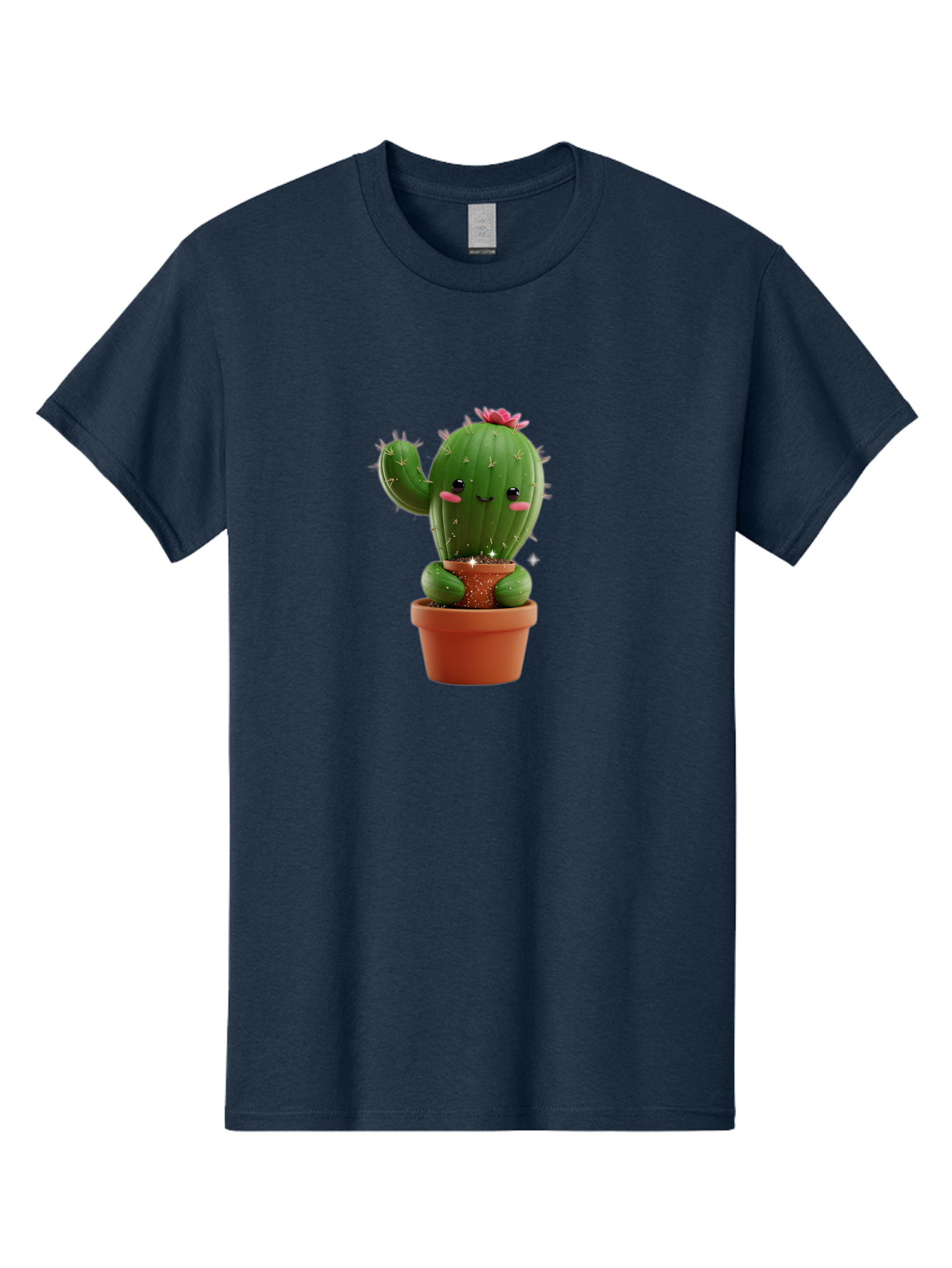 Cactus-With-Pink-Flower Men'S Graphic Tee, 100% Cotton, Comfortable Casual Summer Wear, Machine Washable, Smiling Cactus, Potted Cactus, Cartoon Cactus, Lovely Cactus, Cactus In Pot, Succulent Plant, Cute Character, Kawaii Cactus, Bac762