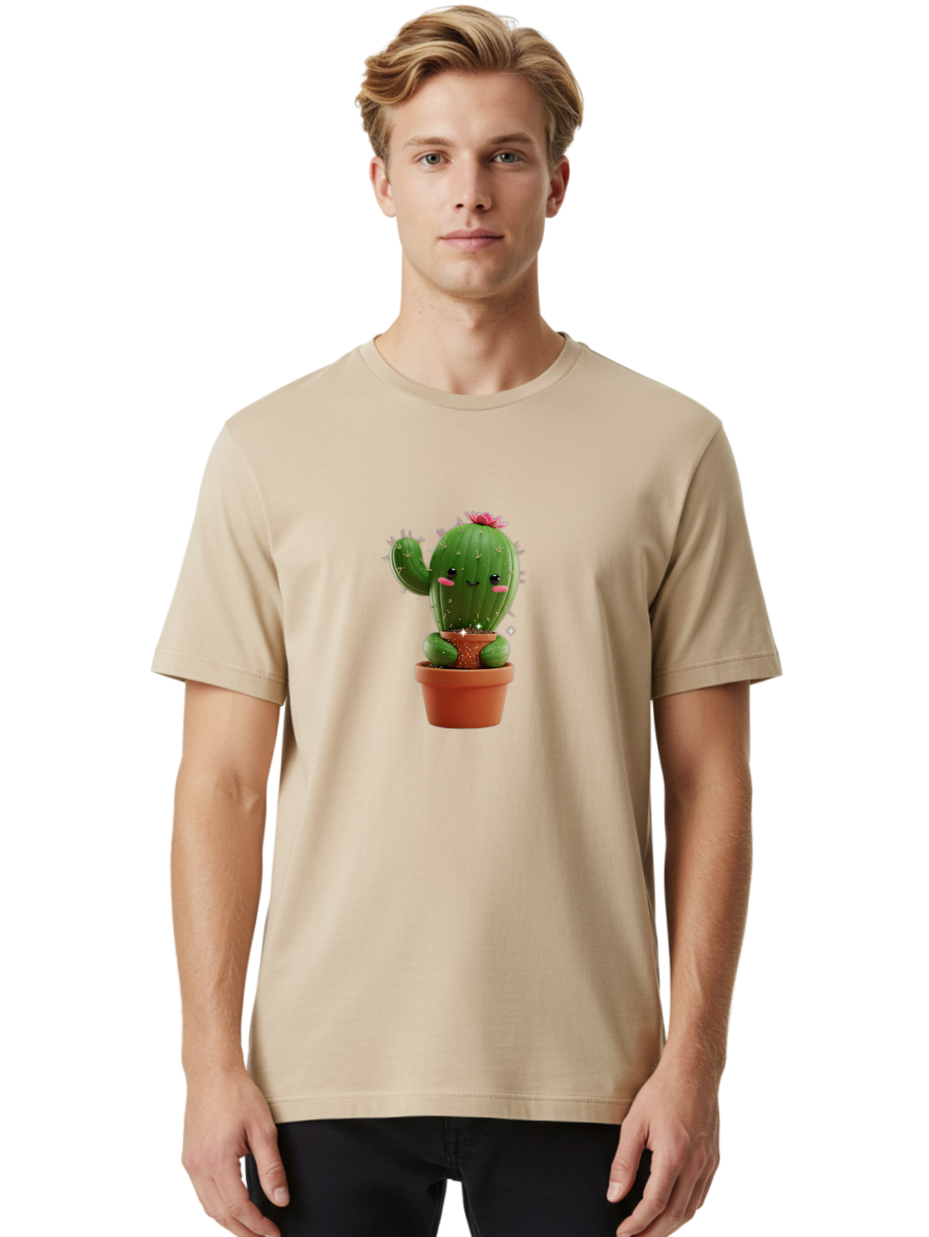 Cactus-With-Pink-Flower Men'S Graphic Tee, 100% Cotton, Comfortable Casual Summer Wear, Machine Washable, Smiling Cactus, Potted Cactus, Cartoon Cactus, Lovely Cactus, Cactus In Pot, Succulent Plant, Cute Character, Kawaii Cactus, Bac762