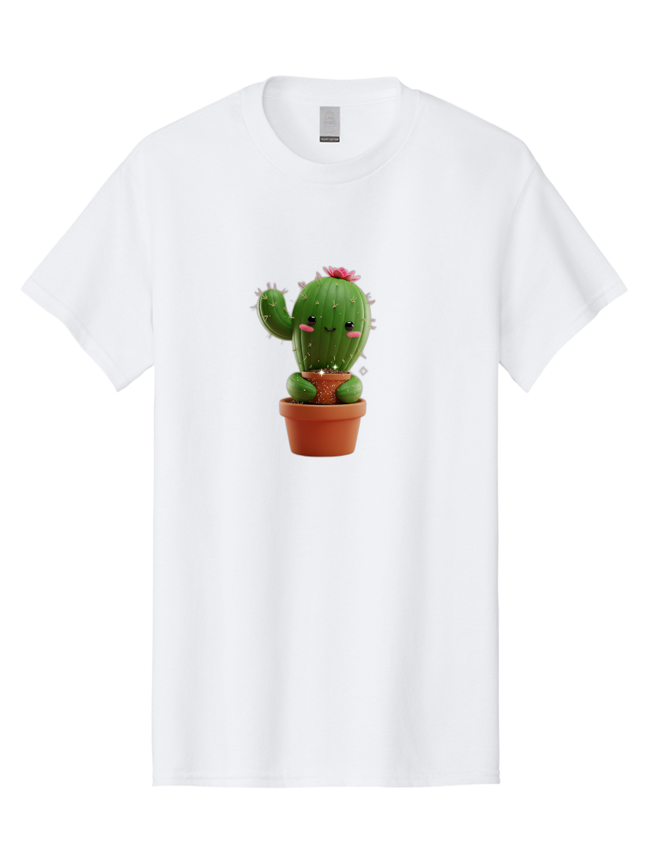 Cactus-With-Pink-Flower Men'S Graphic Tee, 100% Cotton, Comfortable Casual Summer Wear, Machine Washable, Smiling Cactus, Potted Cactus, Cartoon Cactus, Lovely Cactus, Cactus In Pot, Succulent Plant, Cute Character, Kawaii Cactus, Bac762
