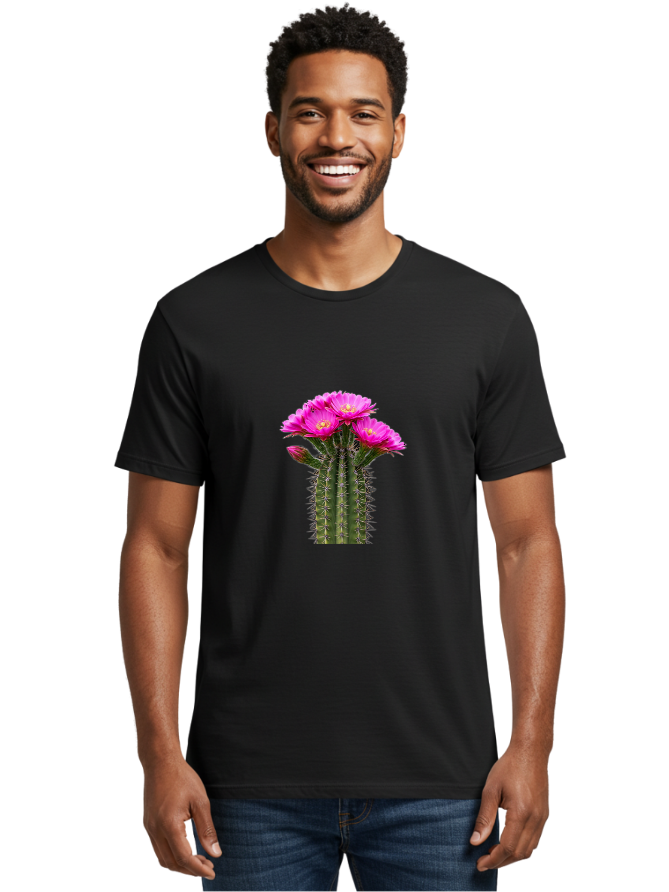 Cactus-With-Pink-Flowers Men'S Graphic Tee, 100% Cotton, Comfortable Casual Summer Wear, Machine Washable, Cactus With Pink Flowers, Vibrant Floral Display, Sharp Spines, Desert Plant, Flowering Cactus, Pink Petals, Yellow Center, Trichocereus Bac763
