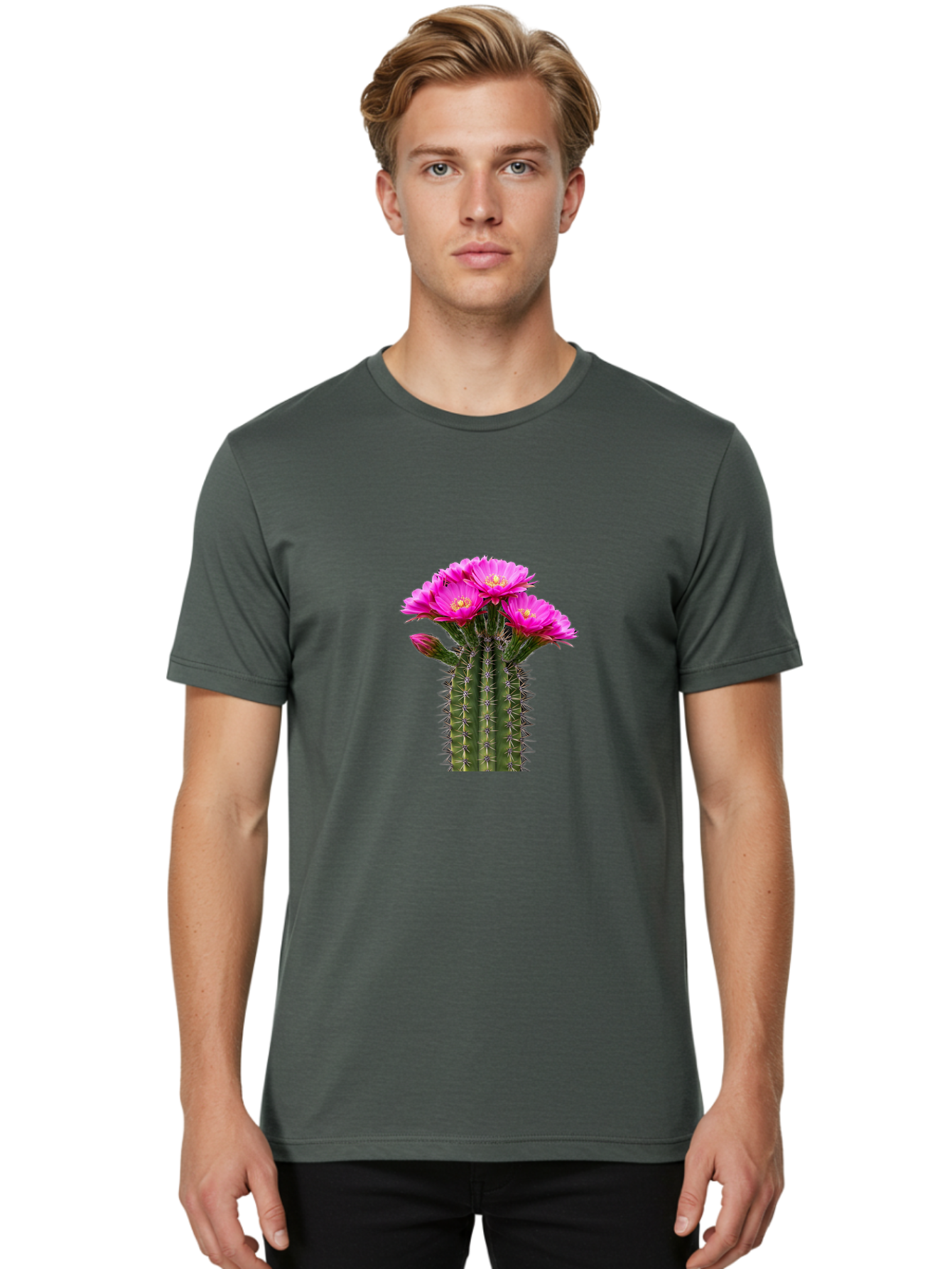 Cactus-With-Pink-Flowers Men'S Graphic Tee, 100% Cotton, Comfortable Casual Summer Wear, Machine Washable, Cactus With Pink Flowers, Vibrant Floral Display, Sharp Spines, Desert Plant, Flowering Cactus, Pink Petals, Yellow Center, Trichocereus Bac763