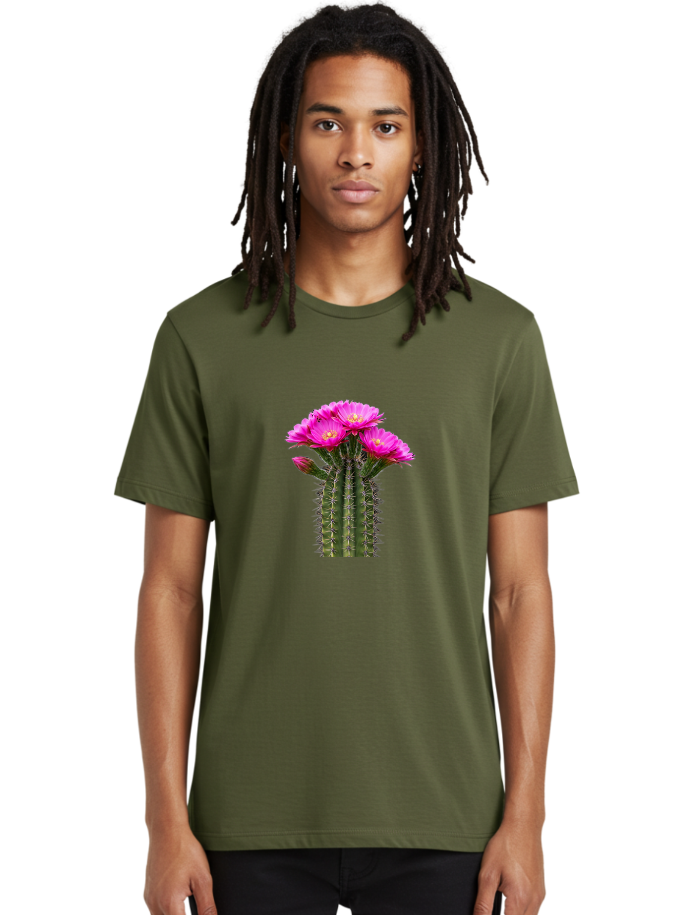 Cactus-With-Pink-Flowers Men'S Graphic Tee, 100% Cotton, Comfortable Casual Summer Wear, Machine Washable, Cactus With Pink Flowers, Vibrant Floral Display, Sharp Spines, Desert Plant, Flowering Cactus, Pink Petals, Yellow Center, Trichocereus Bac763