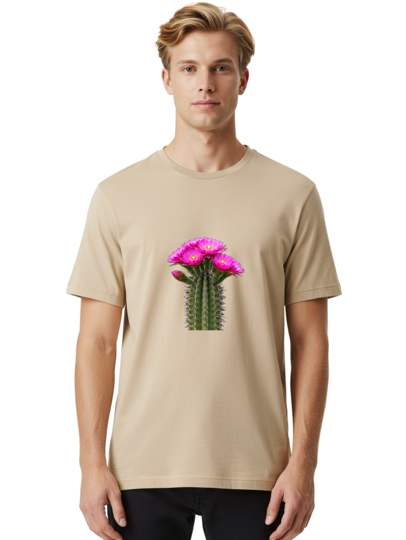 Cactus-With-Pink-Flowers Men'S Graphic Tee, 100% Cotton, Comfortable Casual Summer Wear, Machine Washable, Cactus With Pink Flowers, Vibrant Floral Display, Sharp Spines, Desert Plant, Flowering Cactus, Pink Petals, Yellow Center, Trichocereus Bac763