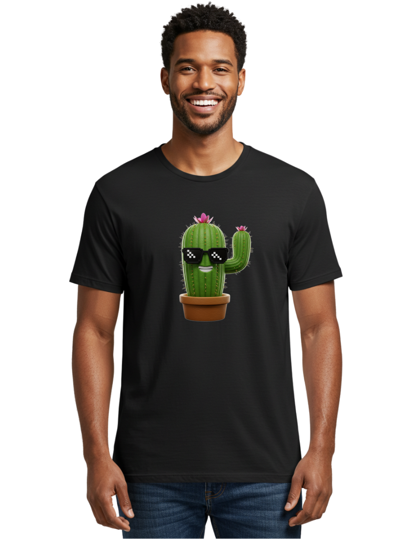 Cactus-With-Sunglasses-2 Men'S Graphic Tee, 100% Cotton, Comfortable Casual Summer Wear, Machine Washable, Cartoon Cactus, Sunglasses, Potted Plant, Cacti With Flowers, Funny Character, Quirky Decor, Digital Art, Kawaii Style Bac765