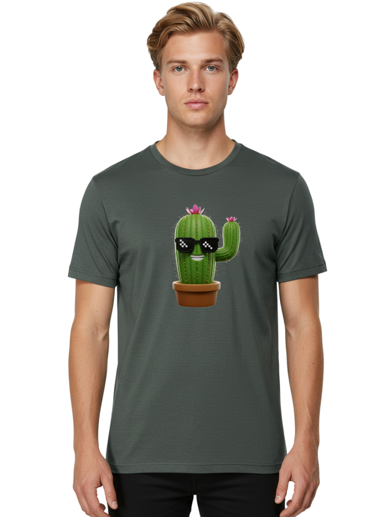 Cactus-With-Sunglasses-2 Men'S Graphic Tee, 100% Cotton, Comfortable Casual Summer Wear, Machine Washable, Cartoon Cactus, Sunglasses, Potted Plant, Cacti With Flowers, Funny Character, Quirky Decor, Digital Art, Kawaii Style Bac765