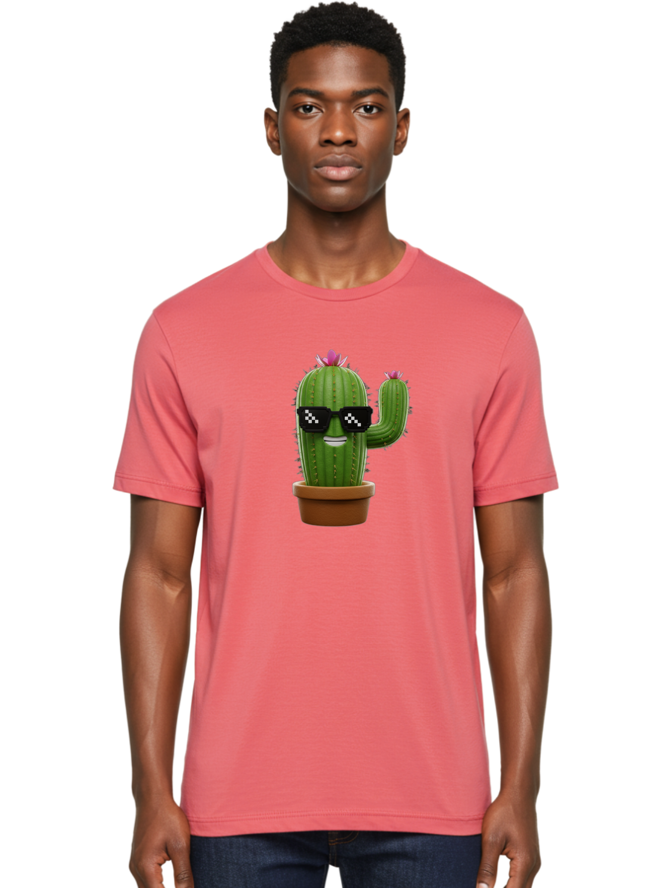 Cactus-With-Sunglasses-2 Men'S Graphic Tee, 100% Cotton, Comfortable Casual Summer Wear, Machine Washable, Cartoon Cactus, Sunglasses, Potted Plant, Cacti With Flowers, Funny Character, Quirky Decor, Digital Art, Kawaii Style Bac765