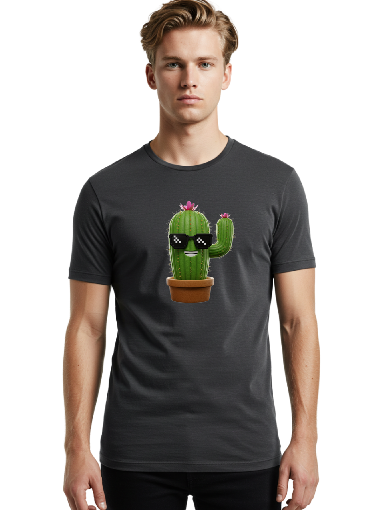 Cactus-With-Sunglasses-2 Men'S Graphic Tee, 100% Cotton, Comfortable Casual Summer Wear, Machine Washable, Cartoon Cactus, Sunglasses, Potted Plant, Cacti With Flowers, Funny Character, Quirky Decor, Digital Art, Kawaii Style Bac765