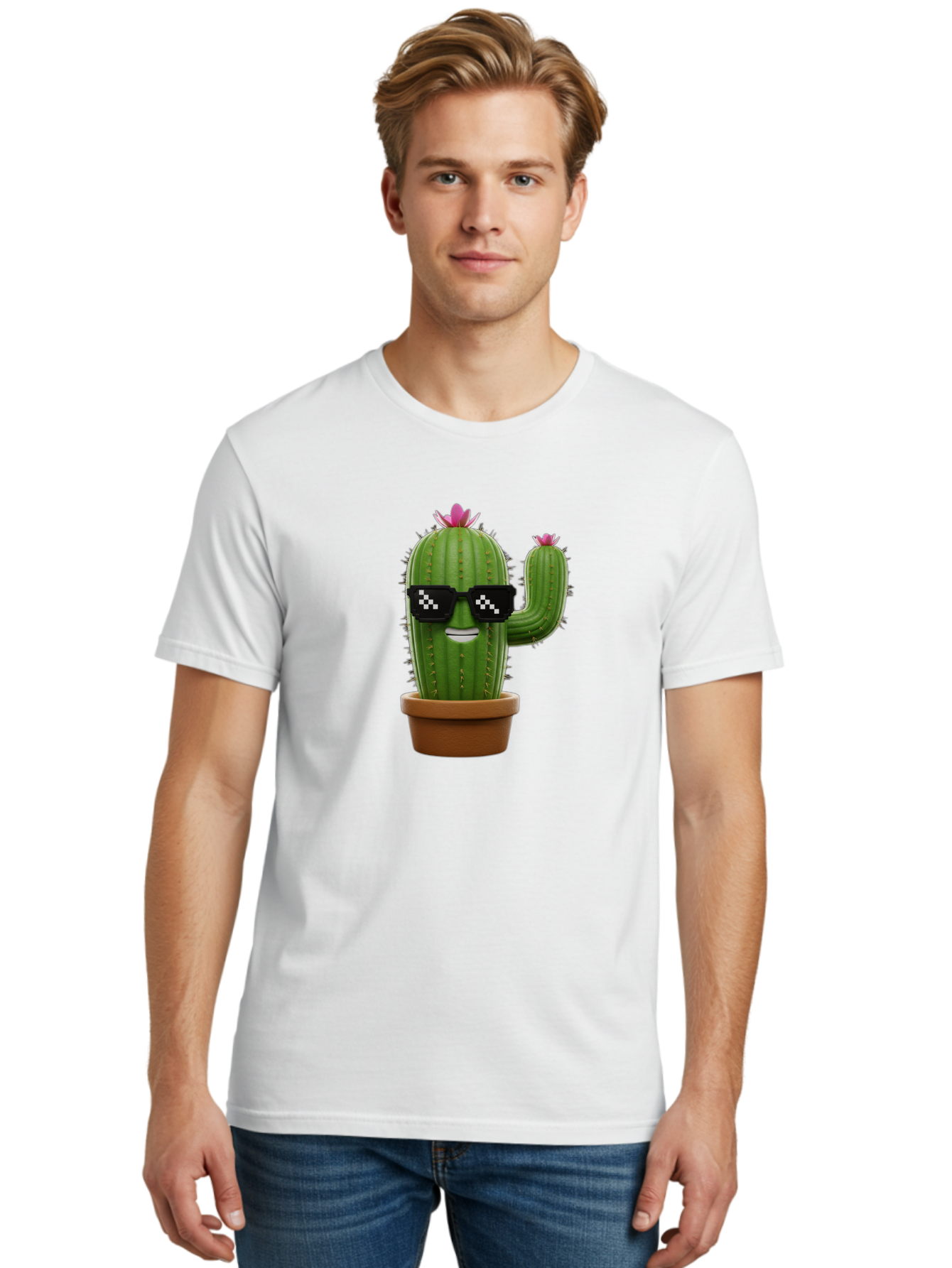 Cactus-With-Sunglasses-2 Men'S Graphic Tee, 100% Cotton, Comfortable Casual Summer Wear, Machine Washable, Cartoon Cactus, Sunglasses, Potted Plant, Cacti With Flowers, Funny Character, Quirky Decor, Digital Art, Kawaii Style Bac765