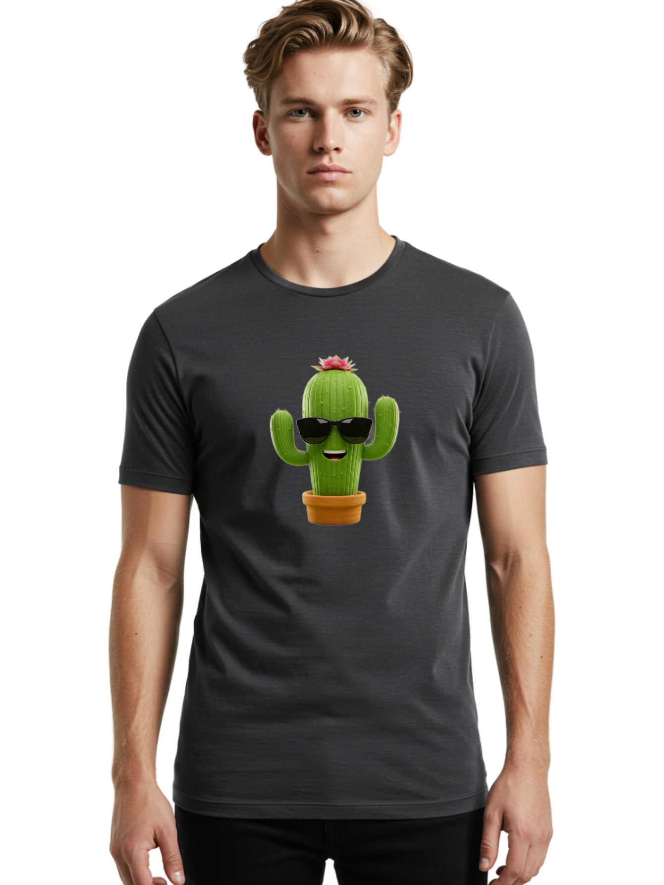 Cactus-With-Sunglasses-3 Men'S Graphic Tee, 100% Cotton, Comfortable Casual Summer Wear, Machine Washable, Cartoon Cactus, Potted Plant, Sunglasses, Smiling Face, Pink Flower, Quirky Character, Fun Design, Modern Illustration, Unique Decor Bac766
