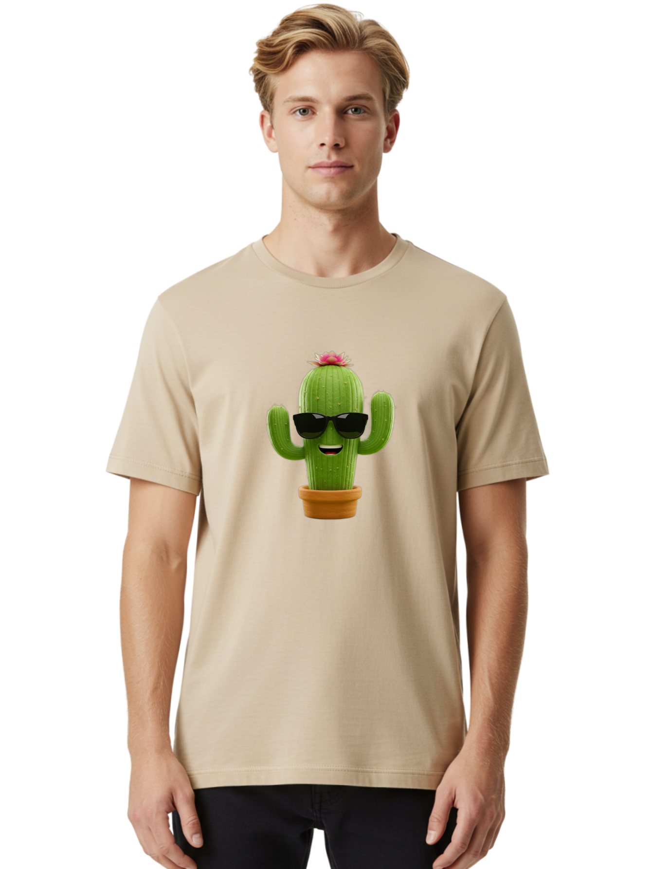 Cactus-With-Sunglasses-3 Men'S Graphic Tee, 100% Cotton, Comfortable Casual Summer Wear, Machine Washable, Cartoon Cactus, Potted Plant, Sunglasses, Smiling Face, Pink Flower, Quirky Character, Fun Design, Modern Illustration, Unique Decor Bac766