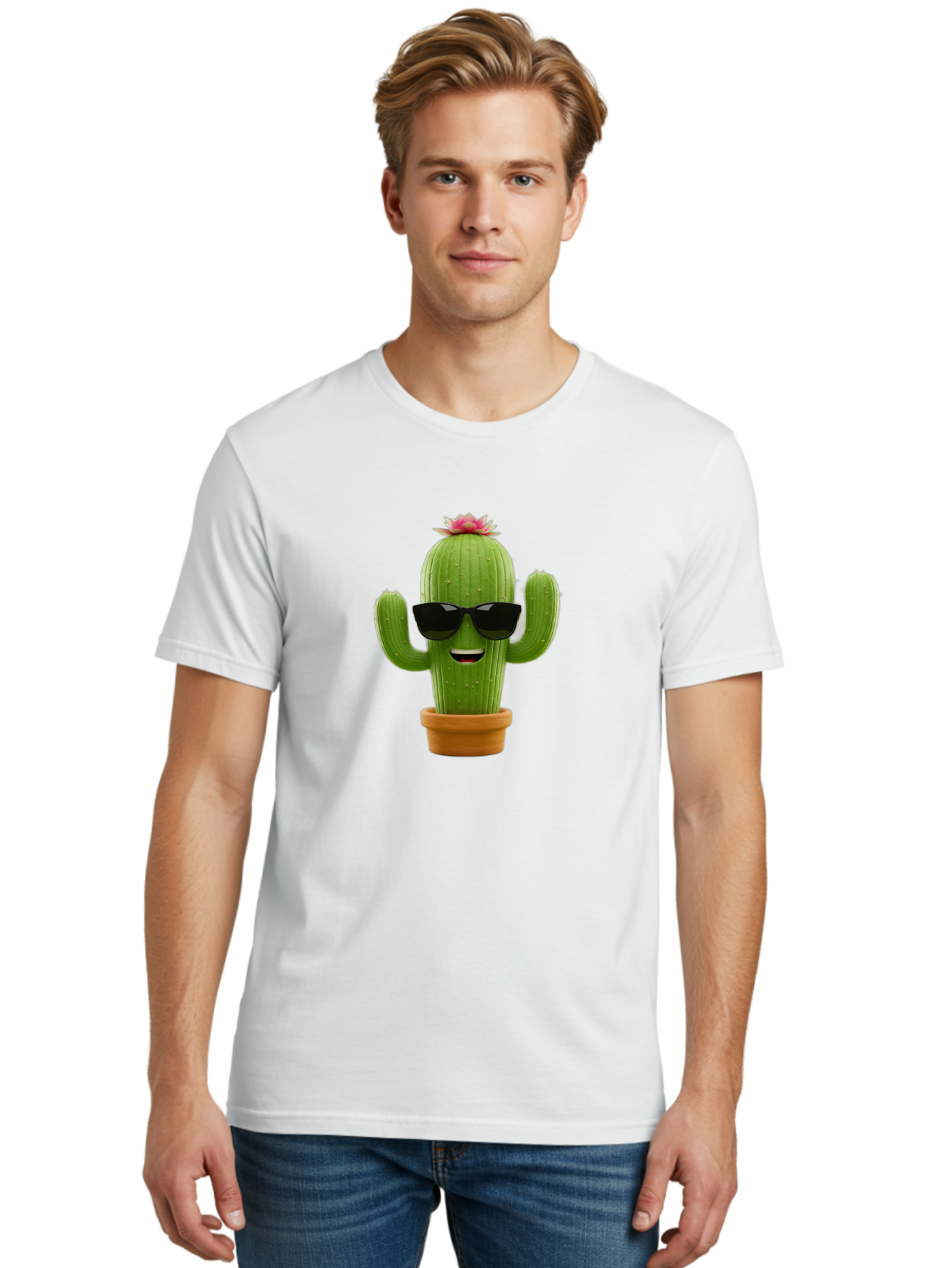 Cactus-With-Sunglasses-3 Men'S Graphic Tee, 100% Cotton, Comfortable Casual Summer Wear, Machine Washable, Cartoon Cactus, Potted Plant, Sunglasses, Smiling Face, Pink Flower, Quirky Character, Fun Design, Modern Illustration, Unique Decor Bac766