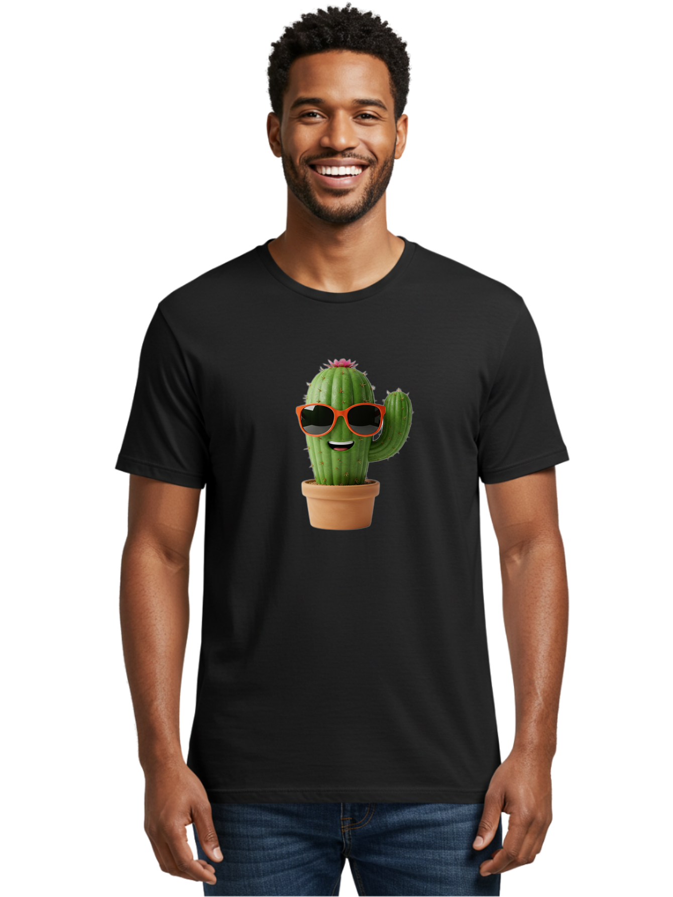 Cactus-With-Sunglasses Men'S Graphic Tee, 100% Cotton, Comfortable Casual Summer Wear, Machine Washable, Funny Cactus, Cartoon Character, Cactus In Sunglasses, Orange Shades, Happy Face, Potted Cactus, Red Sunglasses, Quirky Illustration, Bac767