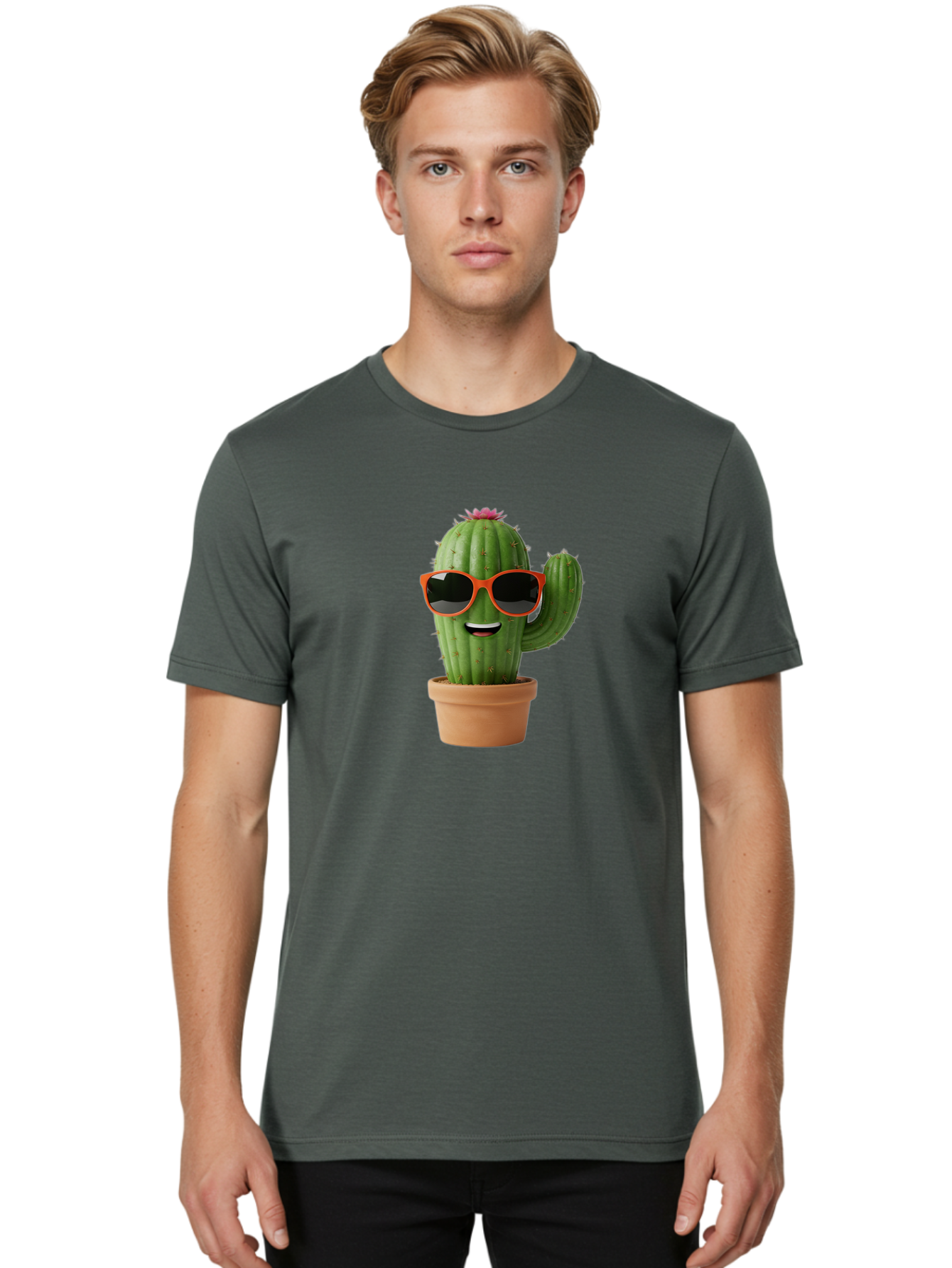Cactus-With-Sunglasses Men'S Graphic Tee, 100% Cotton, Comfortable Casual Summer Wear, Machine Washable, Funny Cactus, Cartoon Character, Cactus In Sunglasses, Orange Shades, Happy Face, Potted Cactus, Red Sunglasses, Quirky Illustration, Bac767