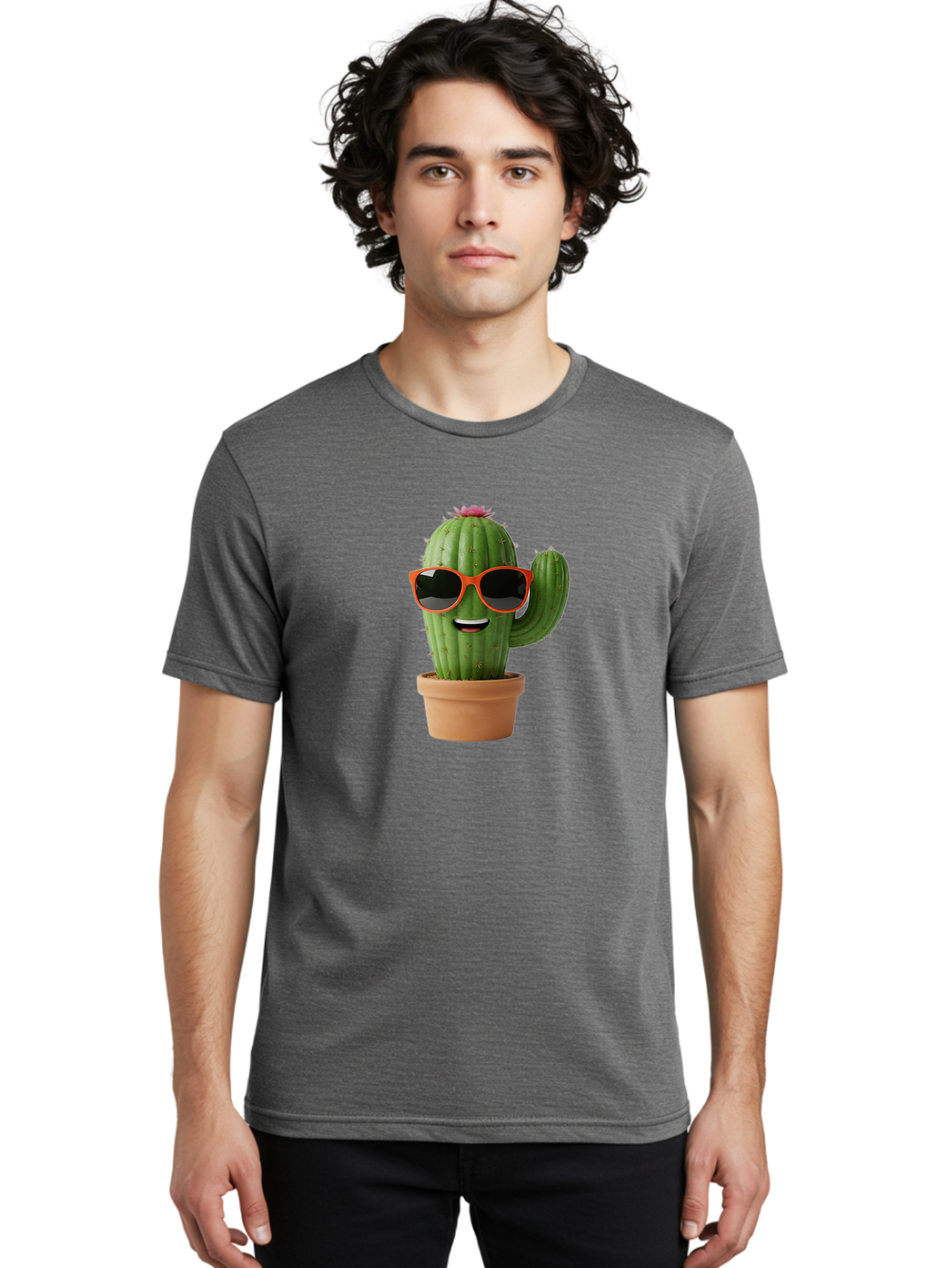 Cactus-With-Sunglasses Men'S Graphic Tee, 100% Cotton, Comfortable Casual Summer Wear, Machine Washable, Funny Cactus, Cartoon Character, Cactus In Sunglasses, Orange Shades, Happy Face, Potted Cactus, Red Sunglasses, Quirky Illustration, Bac767