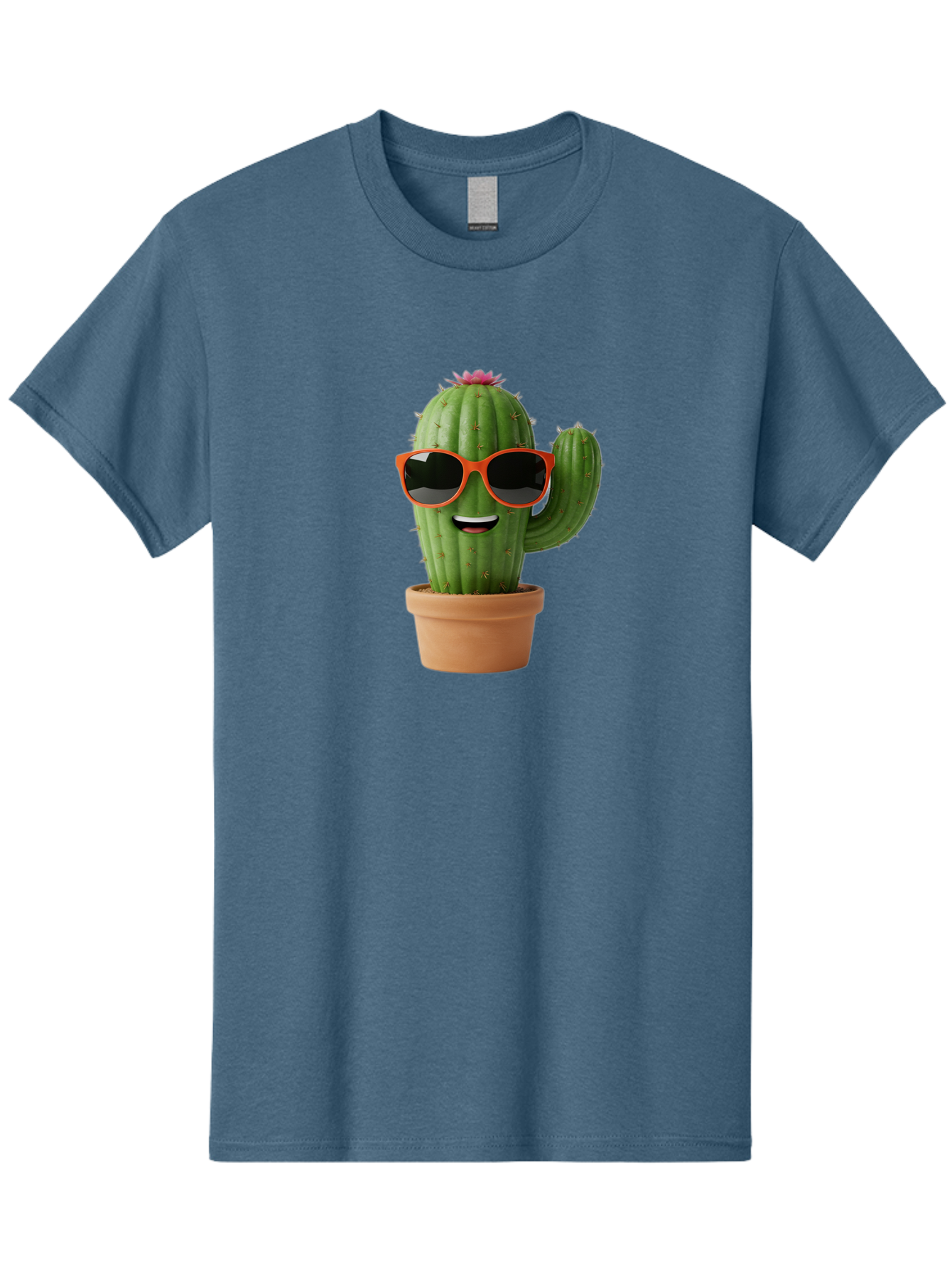 Cactus-With-Sunglasses Men'S Graphic Tee, 100% Cotton, Comfortable Casual Summer Wear, Machine Washable, Funny Cactus, Cartoon Character, Cactus In Sunglasses, Orange Shades, Happy Face, Potted Cactus, Red Sunglasses, Quirky Illustration, Bac767