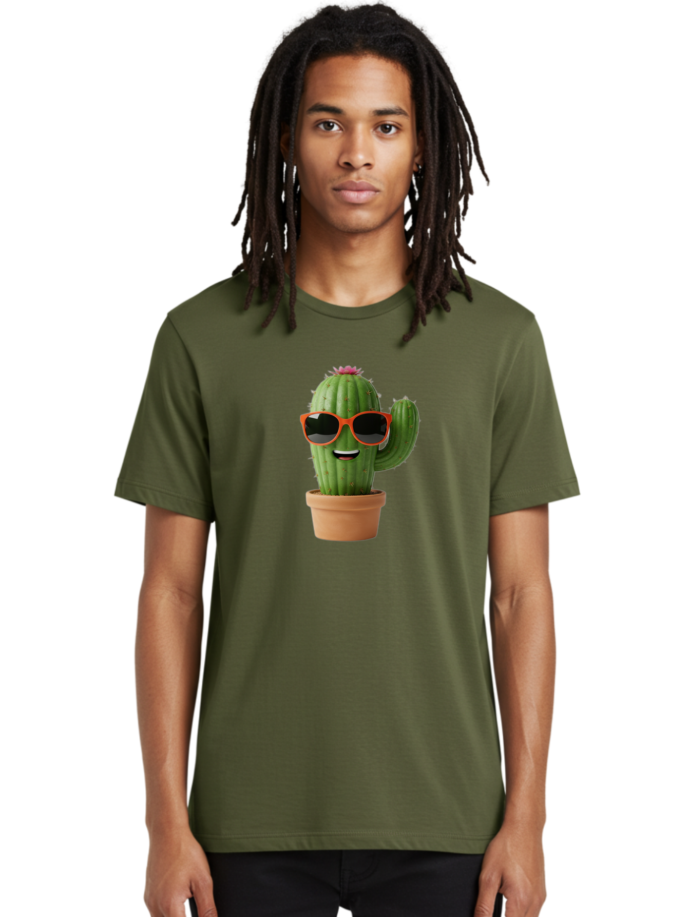 Cactus-With-Sunglasses Men'S Graphic Tee, 100% Cotton, Comfortable Casual Summer Wear, Machine Washable, Funny Cactus, Cartoon Character, Cactus In Sunglasses, Orange Shades, Happy Face, Potted Cactus, Red Sunglasses, Quirky Illustration, Bac767