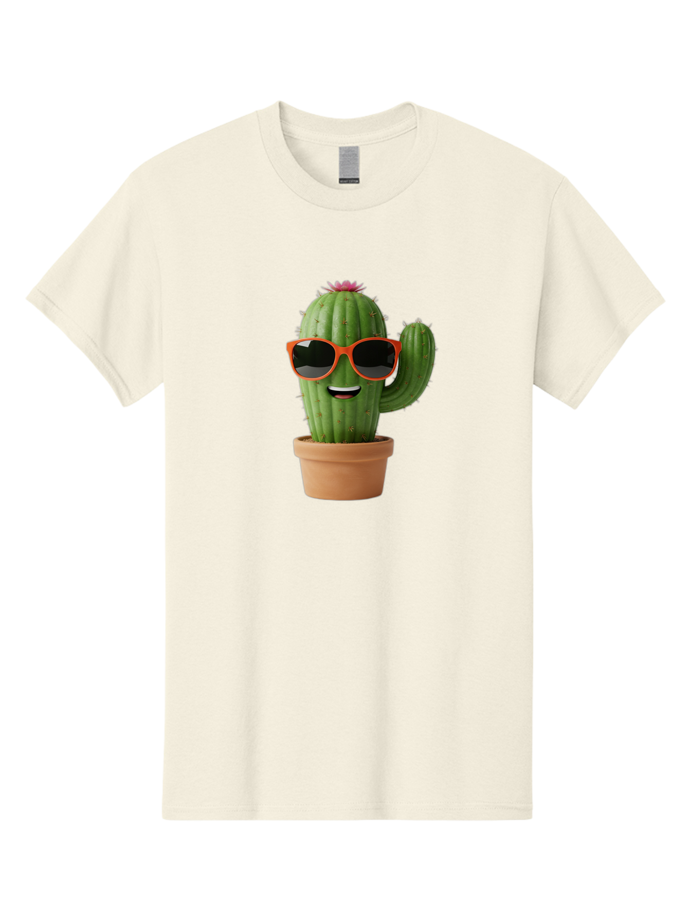 Cactus-With-Sunglasses Men'S Graphic Tee, 100% Cotton, Comfortable Casual Summer Wear, Machine Washable, Funny Cactus, Cartoon Character, Cactus In Sunglasses, Orange Shades, Happy Face, Potted Cactus, Red Sunglasses, Quirky Illustration, Bac767