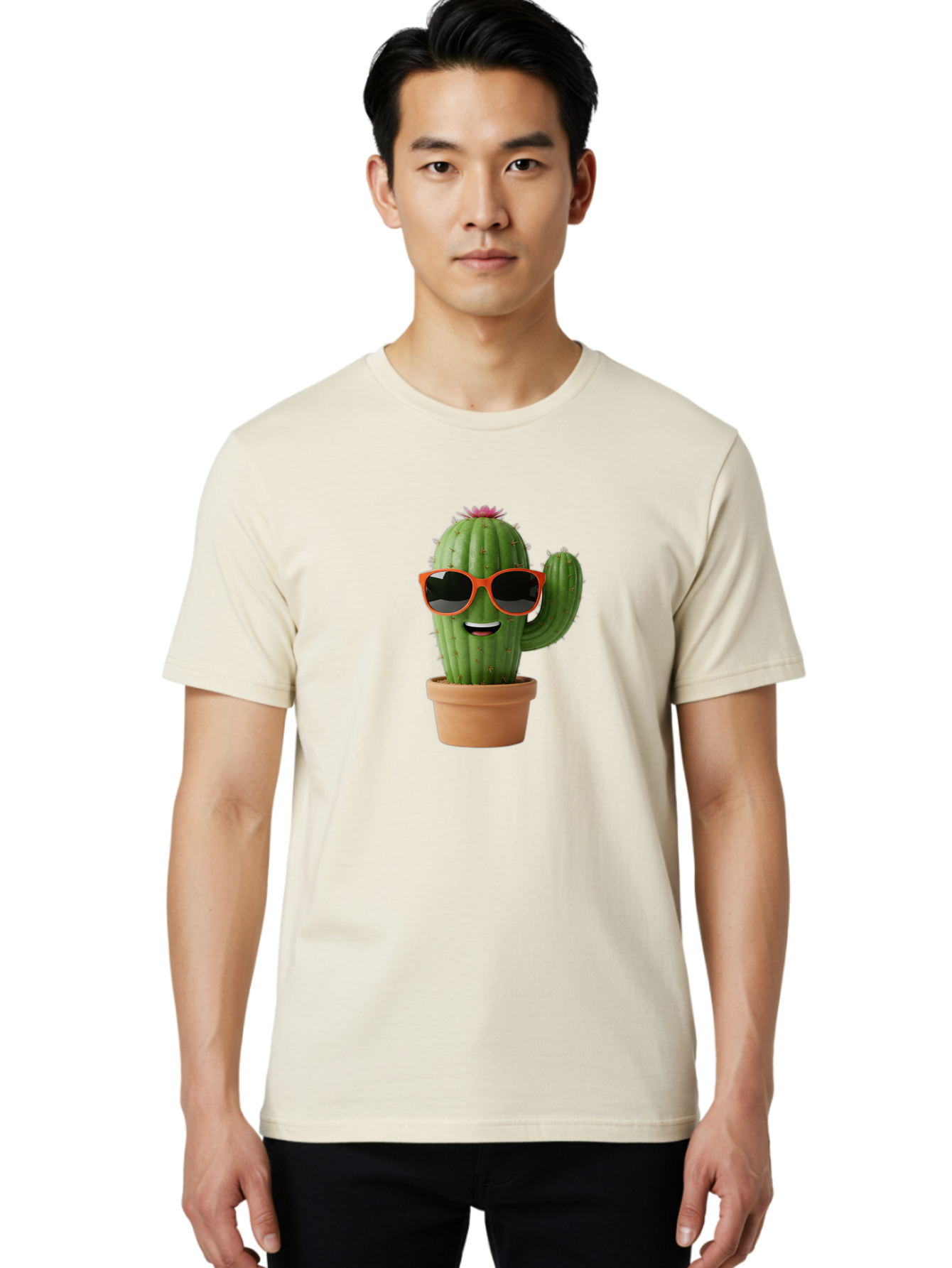Cactus-With-Sunglasses Men'S Graphic Tee, 100% Cotton, Comfortable Casual Summer Wear, Machine Washable, Funny Cactus, Cartoon Character, Cactus In Sunglasses, Orange Shades, Happy Face, Potted Cactus, Red Sunglasses, Quirky Illustration, Bac767