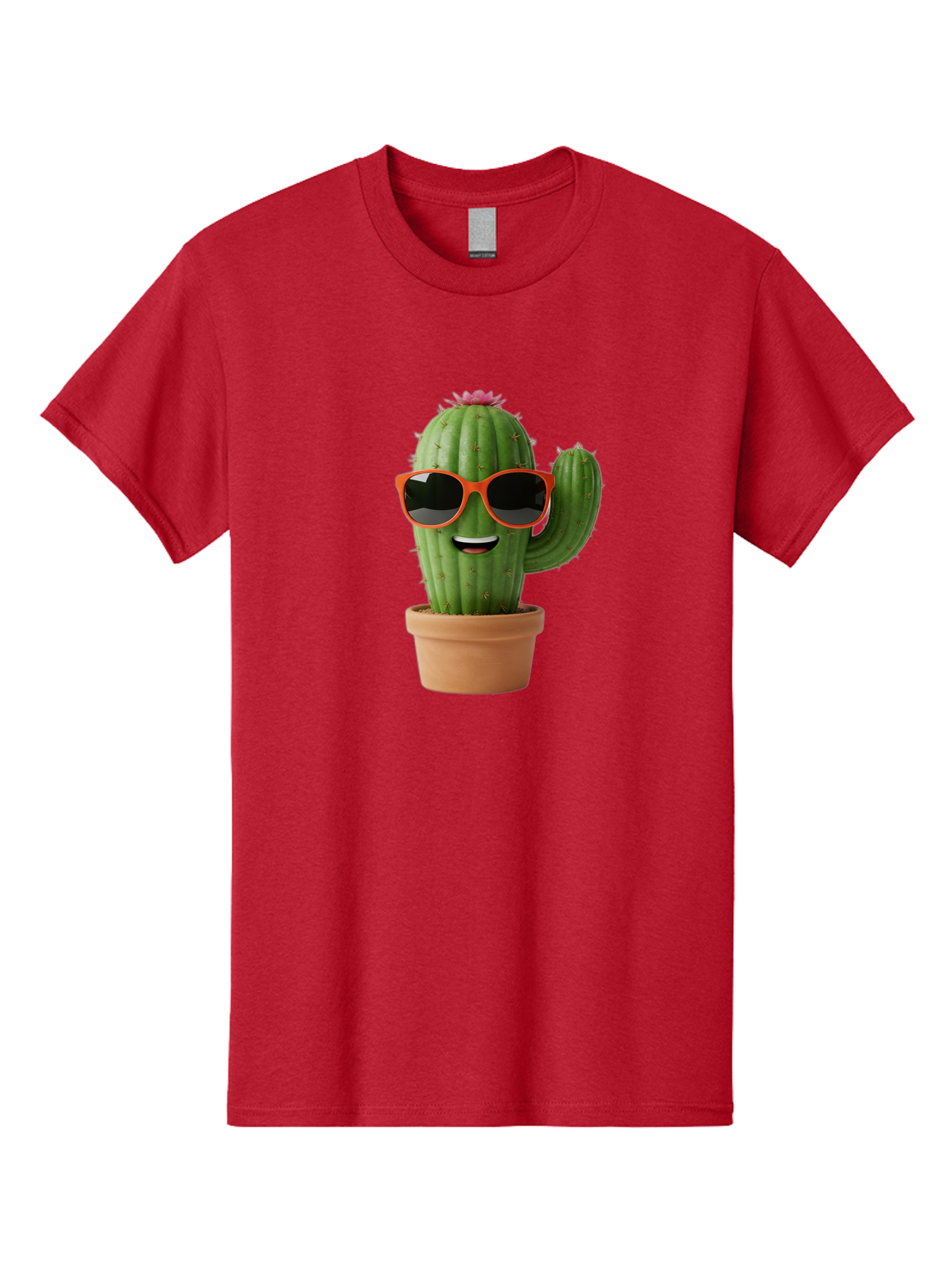 Cactus-With-Sunglasses Men'S Graphic Tee, 100% Cotton, Comfortable Casual Summer Wear, Machine Washable, Funny Cactus, Cartoon Character, Cactus In Sunglasses, Orange Shades, Happy Face, Potted Cactus, Red Sunglasses, Quirky Illustration, Bac767