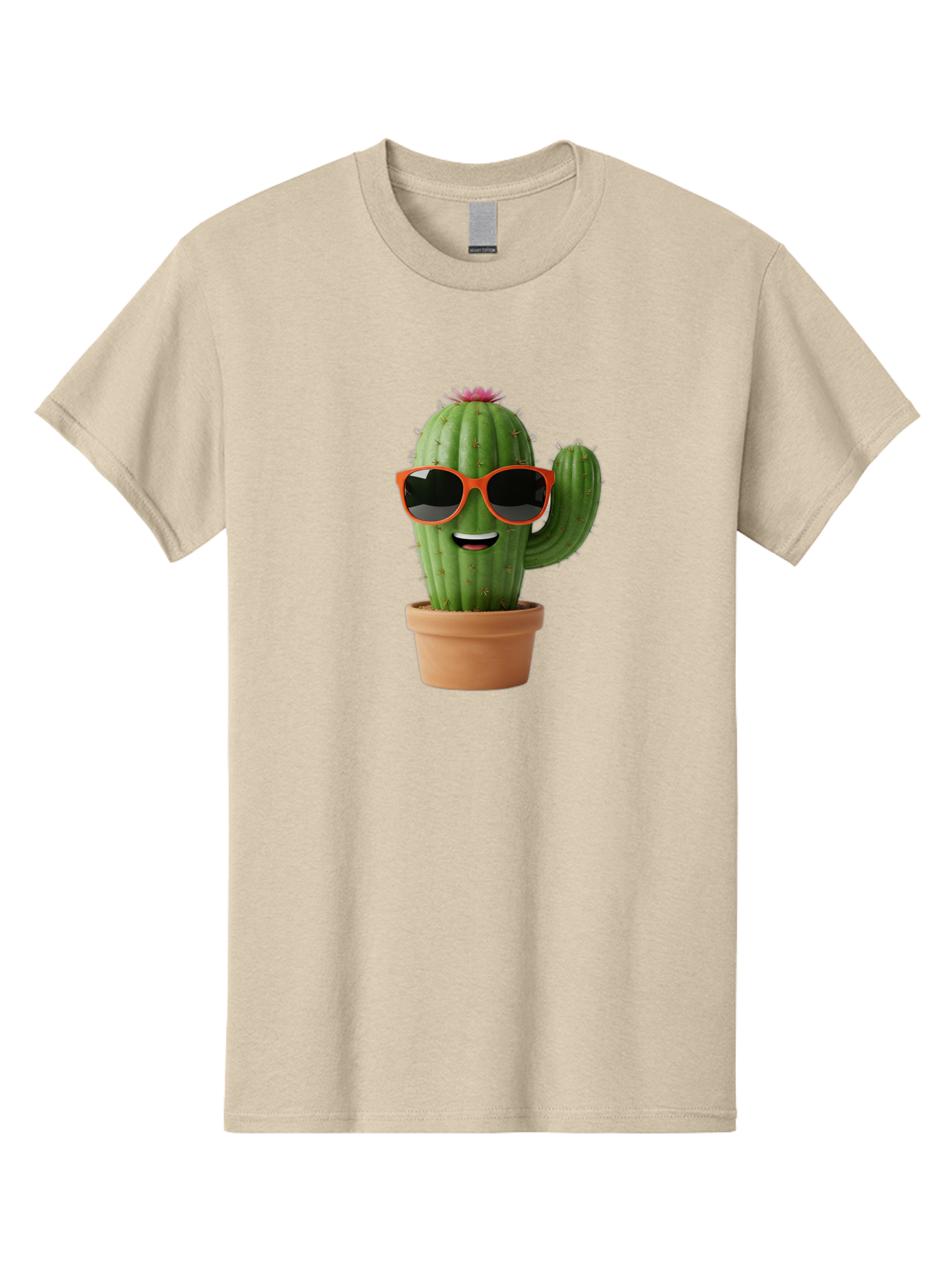 Cactus-With-Sunglasses Men'S Graphic Tee, 100% Cotton, Comfortable Casual Summer Wear, Machine Washable, Funny Cactus, Cartoon Character, Cactus In Sunglasses, Orange Shades, Happy Face, Potted Cactus, Red Sunglasses, Quirky Illustration, Bac767