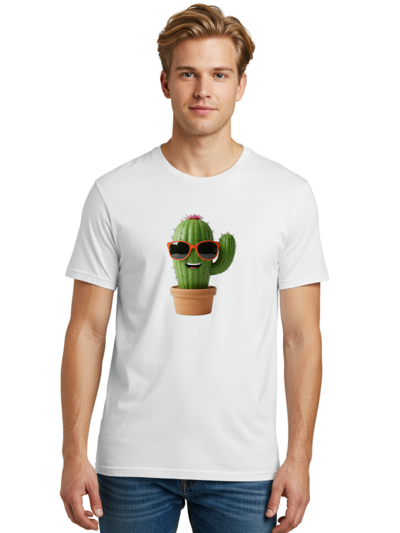 Cactus-With-Sunglasses Men'S Graphic Tee, 100% Cotton, Comfortable Casual Summer Wear, Machine Washable, Funny Cactus, Cartoon Character, Cactus In Sunglasses, Orange Shades, Happy Face, Potted Cactus, Red Sunglasses, Quirky Illustration, Bac767