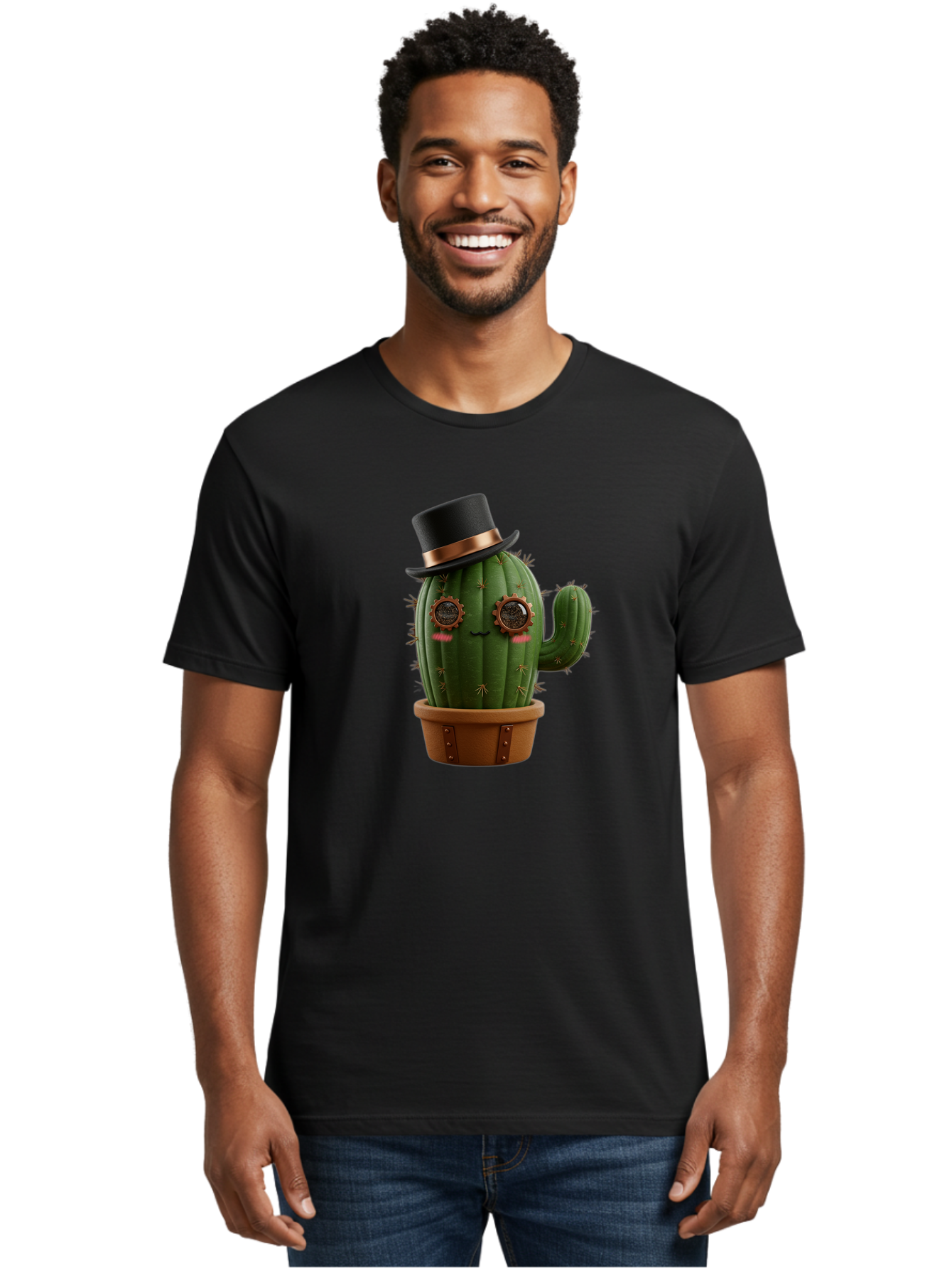 Cactus-With-Top-Hat Men'S Graphic Tee, 100% Cotton, Comfortable Casual Summer Wear, Machine Washable, Steampunk Cactus, Top Hat, Copper Accents, Vintage Vibe, Quirky Character, Fantasy Art, Unique Decor, Creative Design, Steampunk Style Bac768