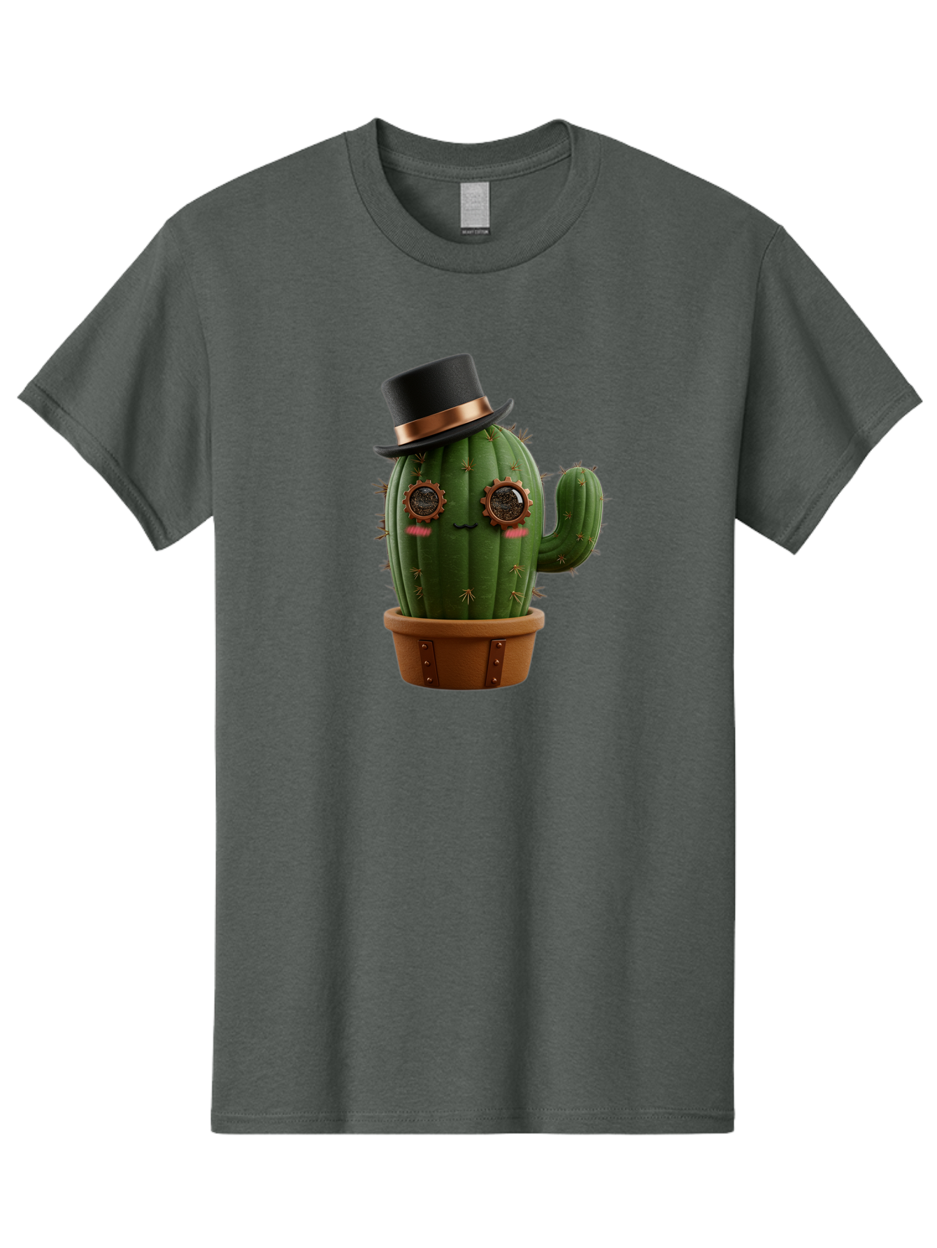 Cactus-With-Top-Hat Men'S Graphic Tee, 100% Cotton, Comfortable Casual Summer Wear, Machine Washable, Steampunk Cactus, Top Hat, Copper Accents, Vintage Vibe, Quirky Character, Fantasy Art, Unique Decor, Creative Design, Steampunk Style Bac768