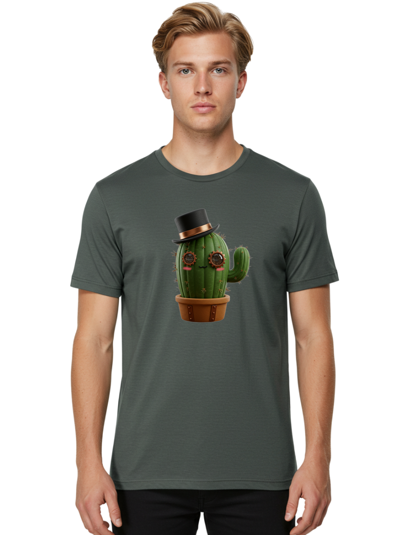 Cactus-With-Top-Hat Men'S Graphic Tee, 100% Cotton, Comfortable Casual Summer Wear, Machine Washable, Steampunk Cactus, Top Hat, Copper Accents, Vintage Vibe, Quirky Character, Fantasy Art, Unique Decor, Creative Design, Steampunk Style Bac768