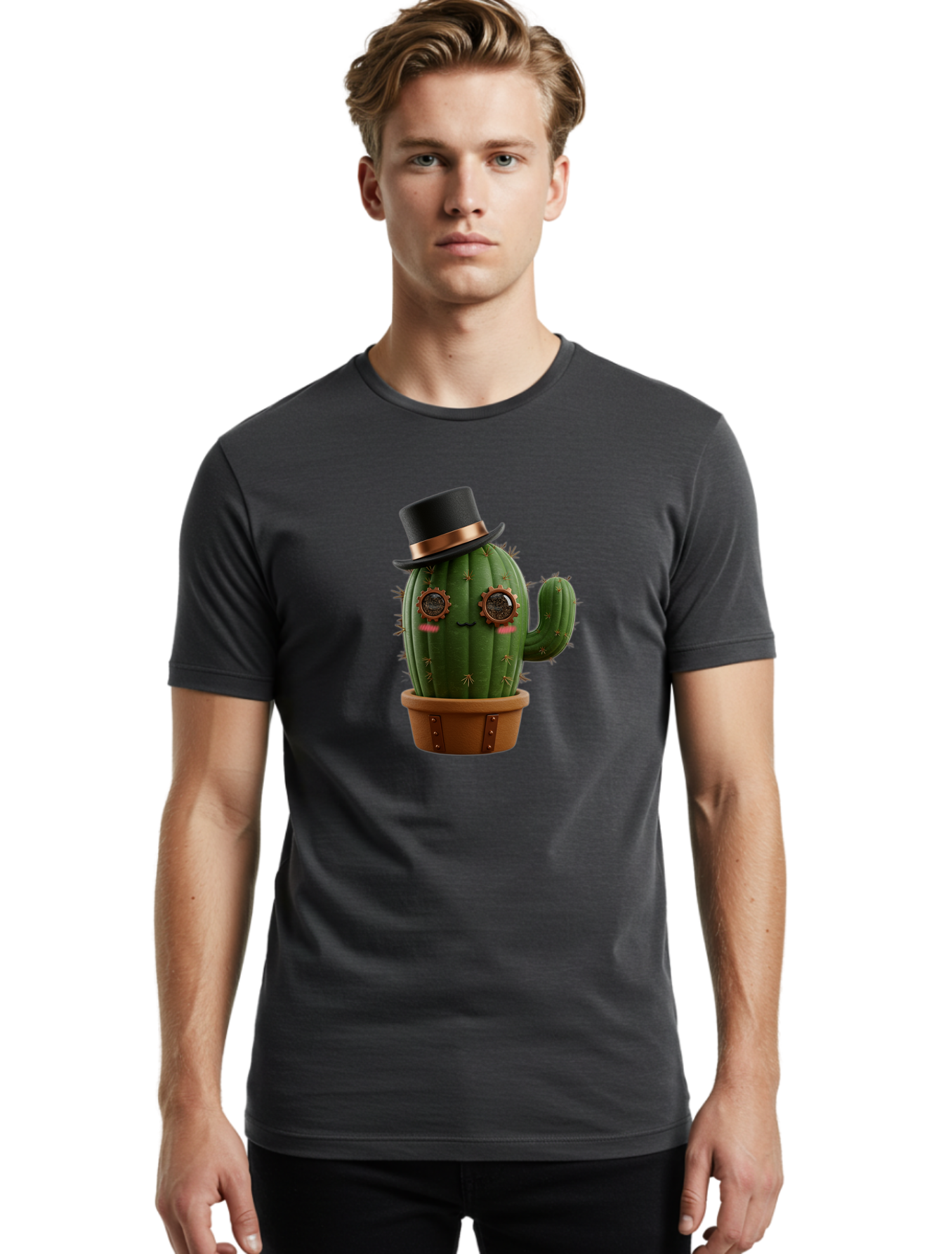 Cactus-With-Top-Hat Men'S Graphic Tee, 100% Cotton, Comfortable Casual Summer Wear, Machine Washable, Steampunk Cactus, Top Hat, Copper Accents, Vintage Vibe, Quirky Character, Fantasy Art, Unique Decor, Creative Design, Steampunk Style Bac768