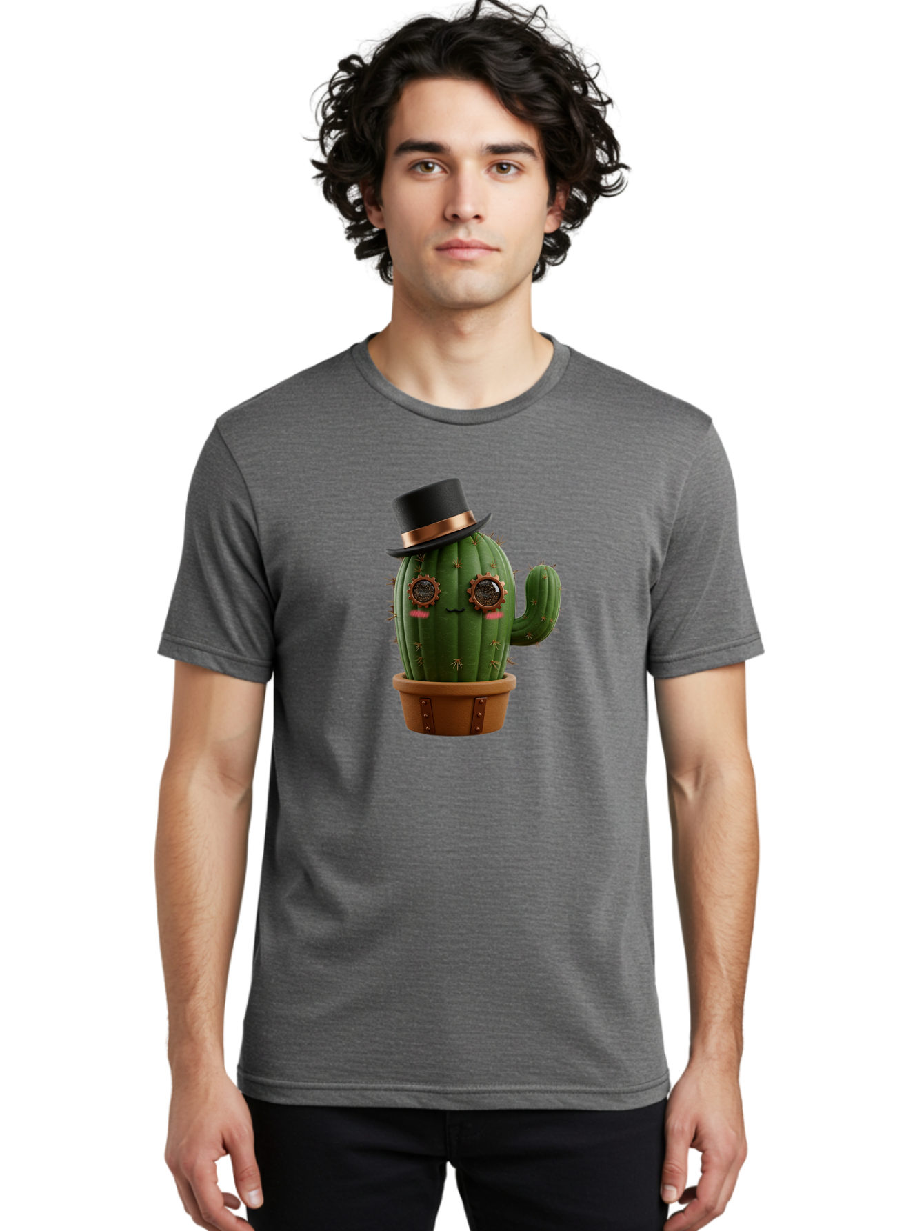 Cactus-With-Top-Hat Men'S Graphic Tee, 100% Cotton, Comfortable Casual Summer Wear, Machine Washable, Steampunk Cactus, Top Hat, Copper Accents, Vintage Vibe, Quirky Character, Fantasy Art, Unique Decor, Creative Design, Steampunk Style Bac768