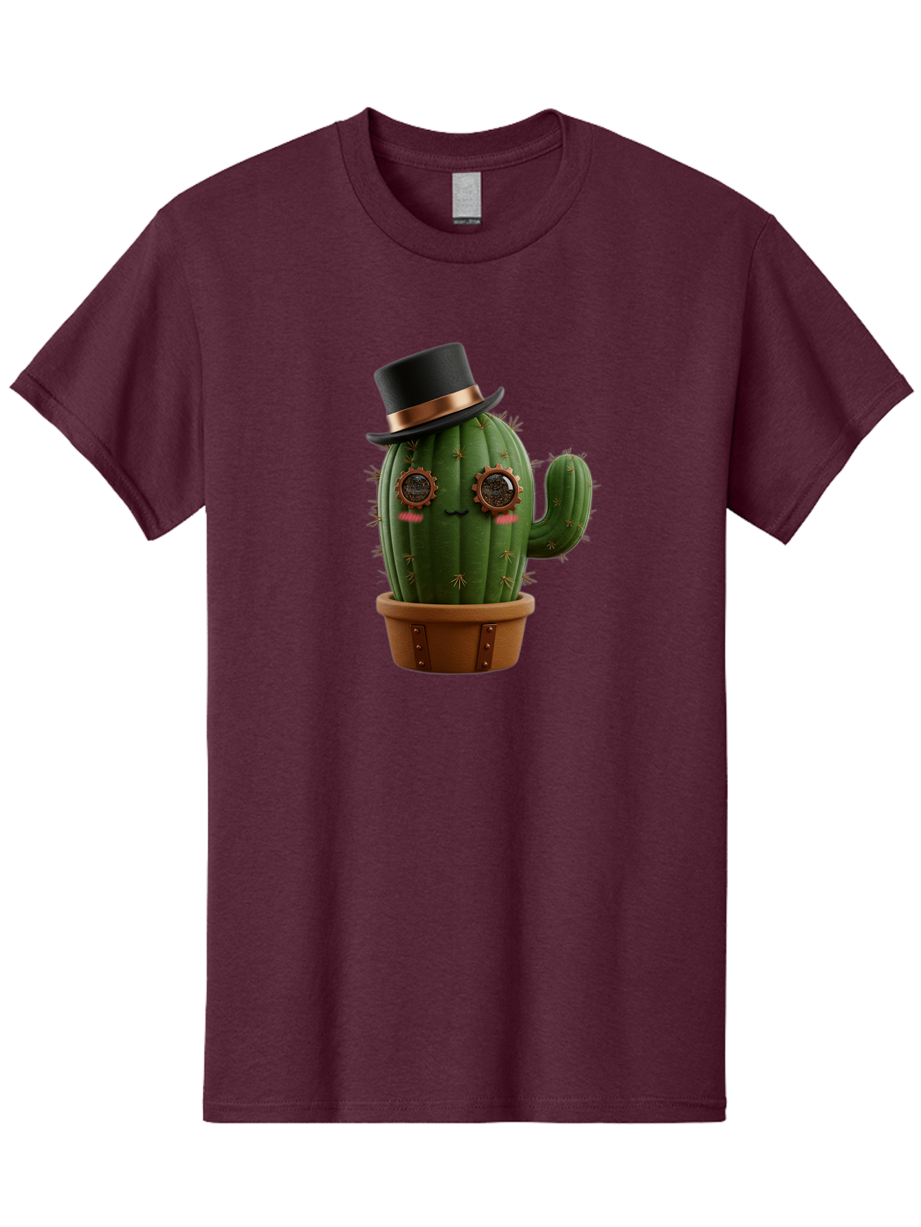 Cactus-With-Top-Hat Men'S Graphic Tee, 100% Cotton, Comfortable Casual Summer Wear, Machine Washable, Steampunk Cactus, Top Hat, Copper Accents, Vintage Vibe, Quirky Character, Fantasy Art, Unique Decor, Creative Design, Steampunk Style Bac768