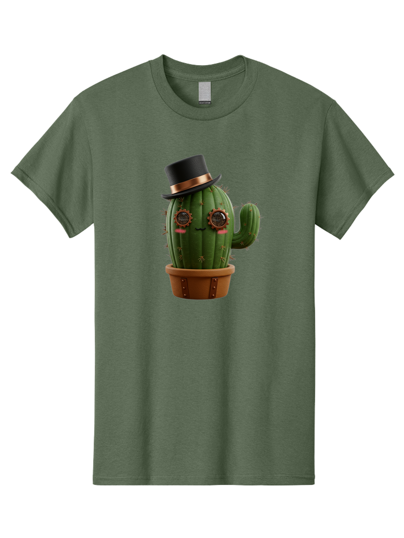 Cactus-With-Top-Hat Men'S Graphic Tee, 100% Cotton, Comfortable Casual Summer Wear, Machine Washable, Steampunk Cactus, Top Hat, Copper Accents, Vintage Vibe, Quirky Character, Fantasy Art, Unique Decor, Creative Design, Steampunk Style Bac768