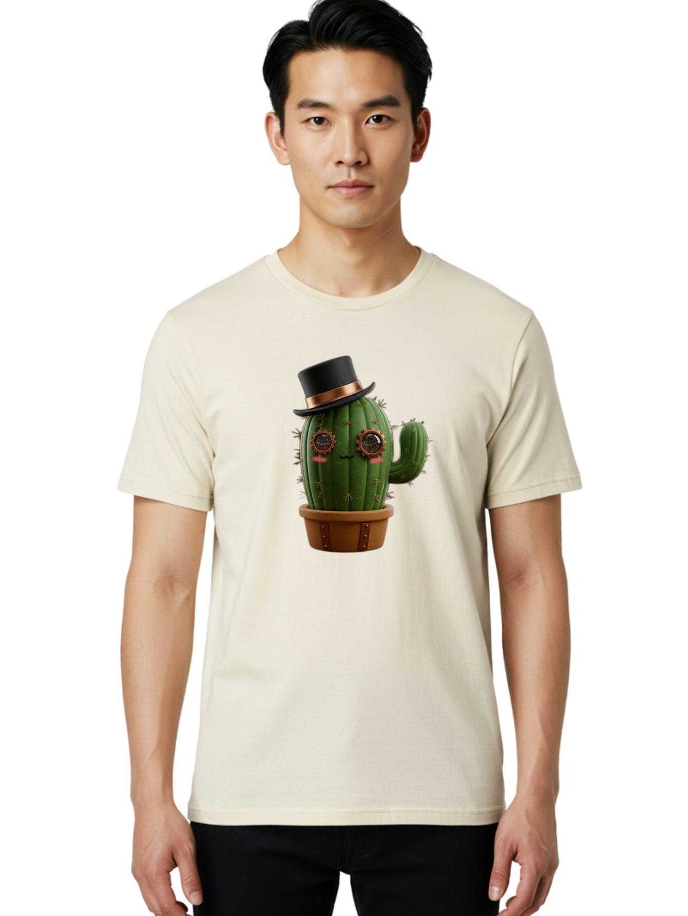 Cactus-With-Top-Hat Men'S Graphic Tee, 100% Cotton, Comfortable Casual Summer Wear, Machine Washable, Steampunk Cactus, Top Hat, Copper Accents, Vintage Vibe, Quirky Character, Fantasy Art, Unique Decor, Creative Design, Steampunk Style Bac768