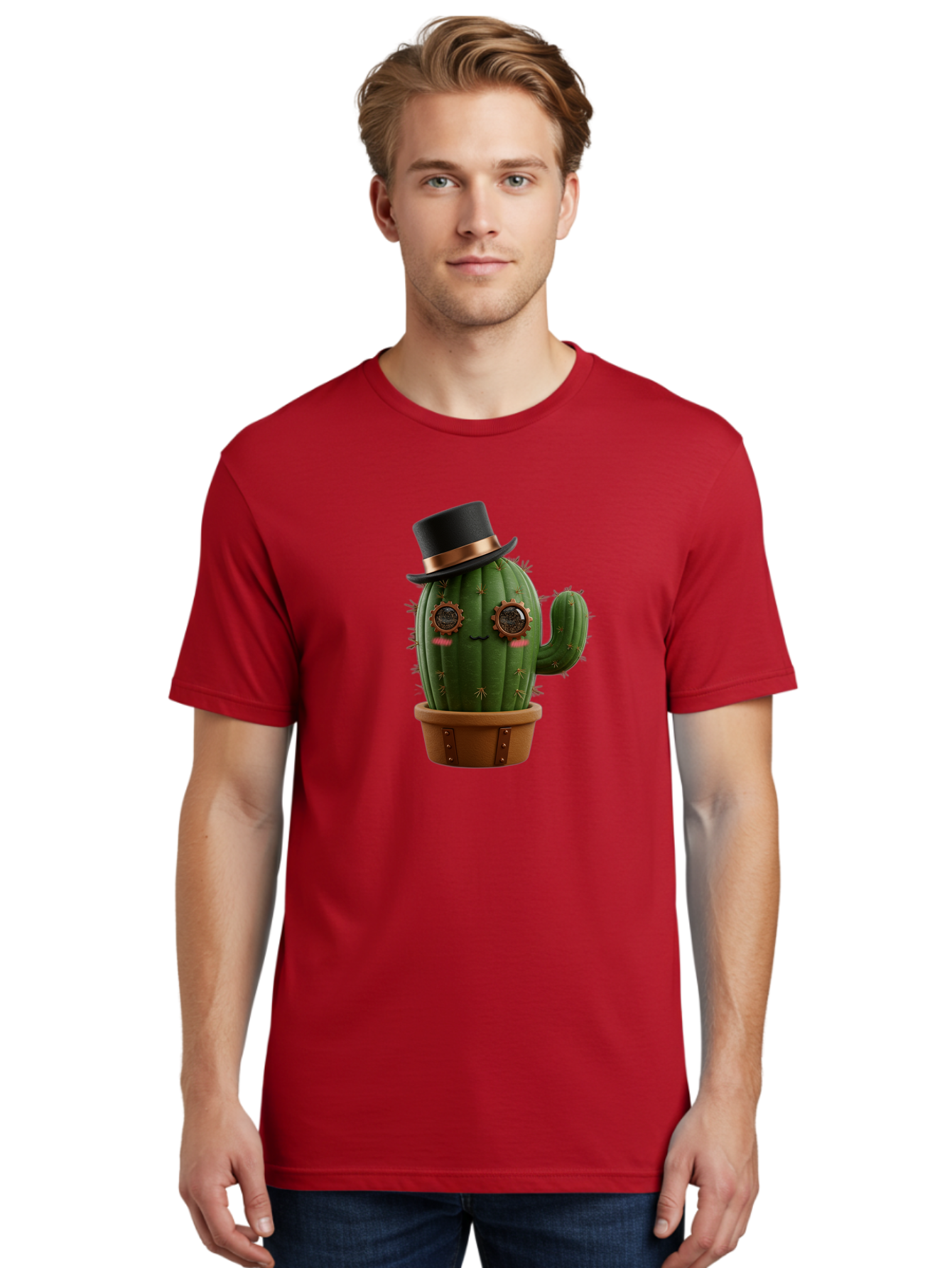 Cactus-With-Top-Hat Men'S Graphic Tee, 100% Cotton, Comfortable Casual Summer Wear, Machine Washable, Steampunk Cactus, Top Hat, Copper Accents, Vintage Vibe, Quirky Character, Fantasy Art, Unique Decor, Creative Design, Steampunk Style Bac768