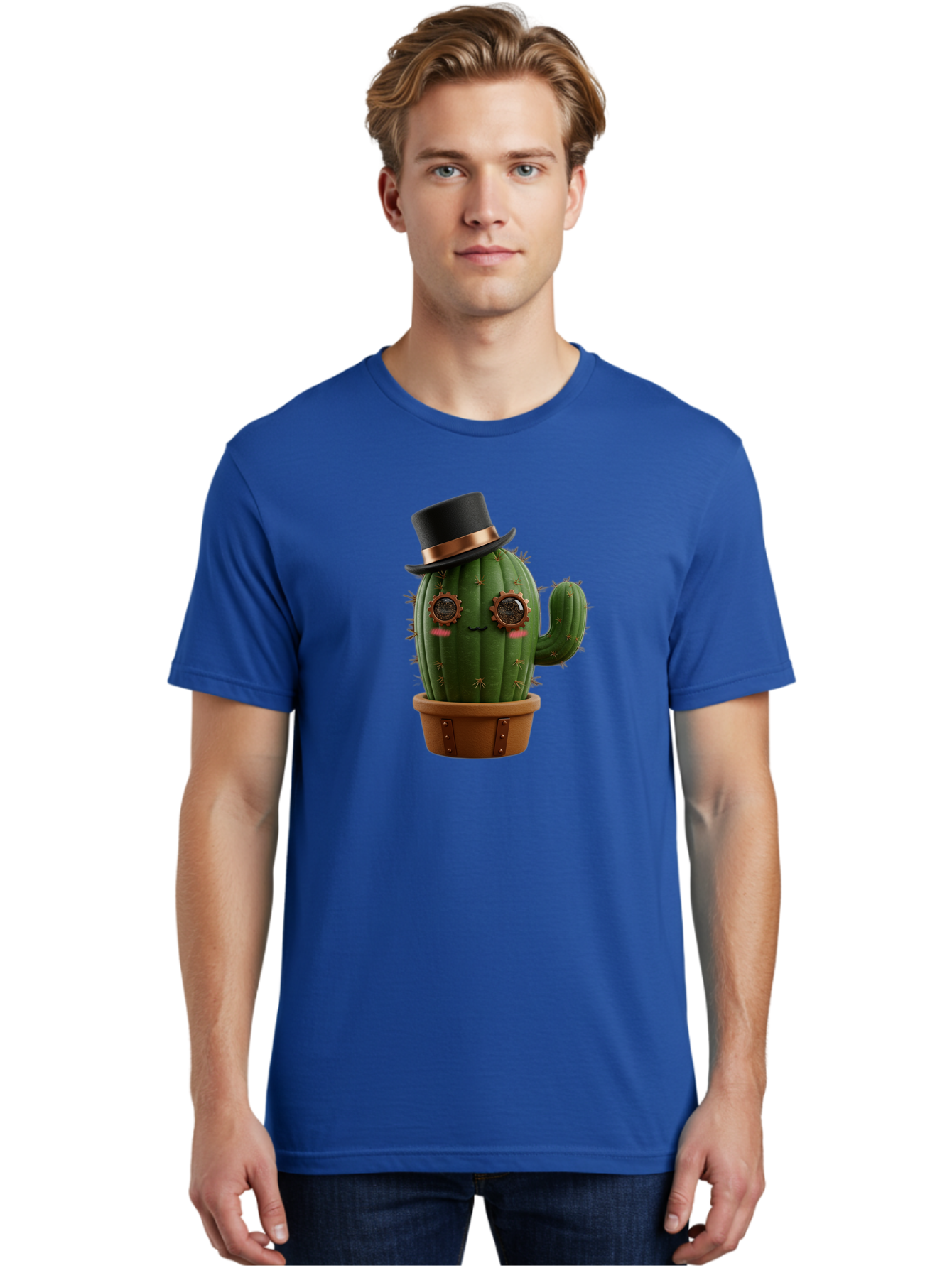 Cactus-With-Top-Hat Men'S Graphic Tee, 100% Cotton, Comfortable Casual Summer Wear, Machine Washable, Steampunk Cactus, Top Hat, Copper Accents, Vintage Vibe, Quirky Character, Fantasy Art, Unique Decor, Creative Design, Steampunk Style Bac768