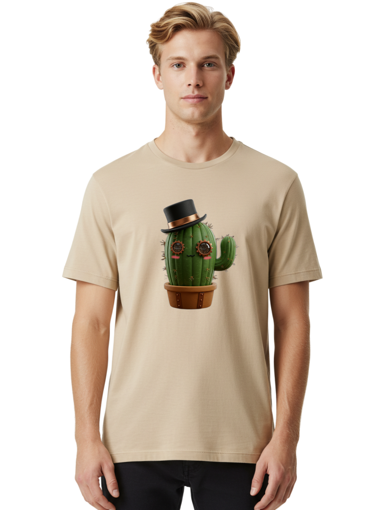 Cactus-With-Top-Hat Men'S Graphic Tee, 100% Cotton, Comfortable Casual Summer Wear, Machine Washable, Steampunk Cactus, Top Hat, Copper Accents, Vintage Vibe, Quirky Character, Fantasy Art, Unique Decor, Creative Design, Steampunk Style Bac768