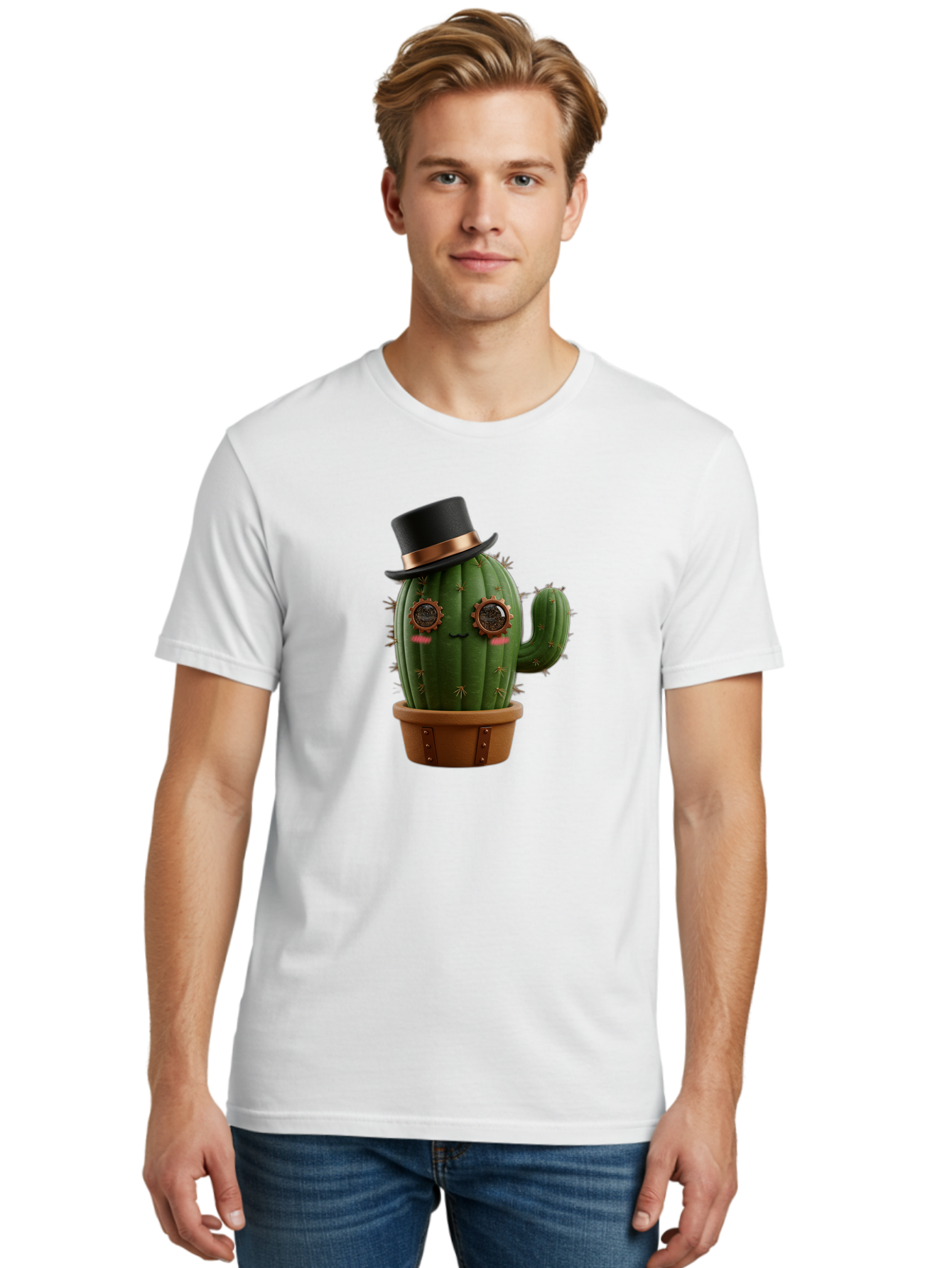 Cactus-With-Top-Hat Men'S Graphic Tee, 100% Cotton, Comfortable Casual Summer Wear, Machine Washable, Steampunk Cactus, Top Hat, Copper Accents, Vintage Vibe, Quirky Character, Fantasy Art, Unique Decor, Creative Design, Steampunk Style Bac768