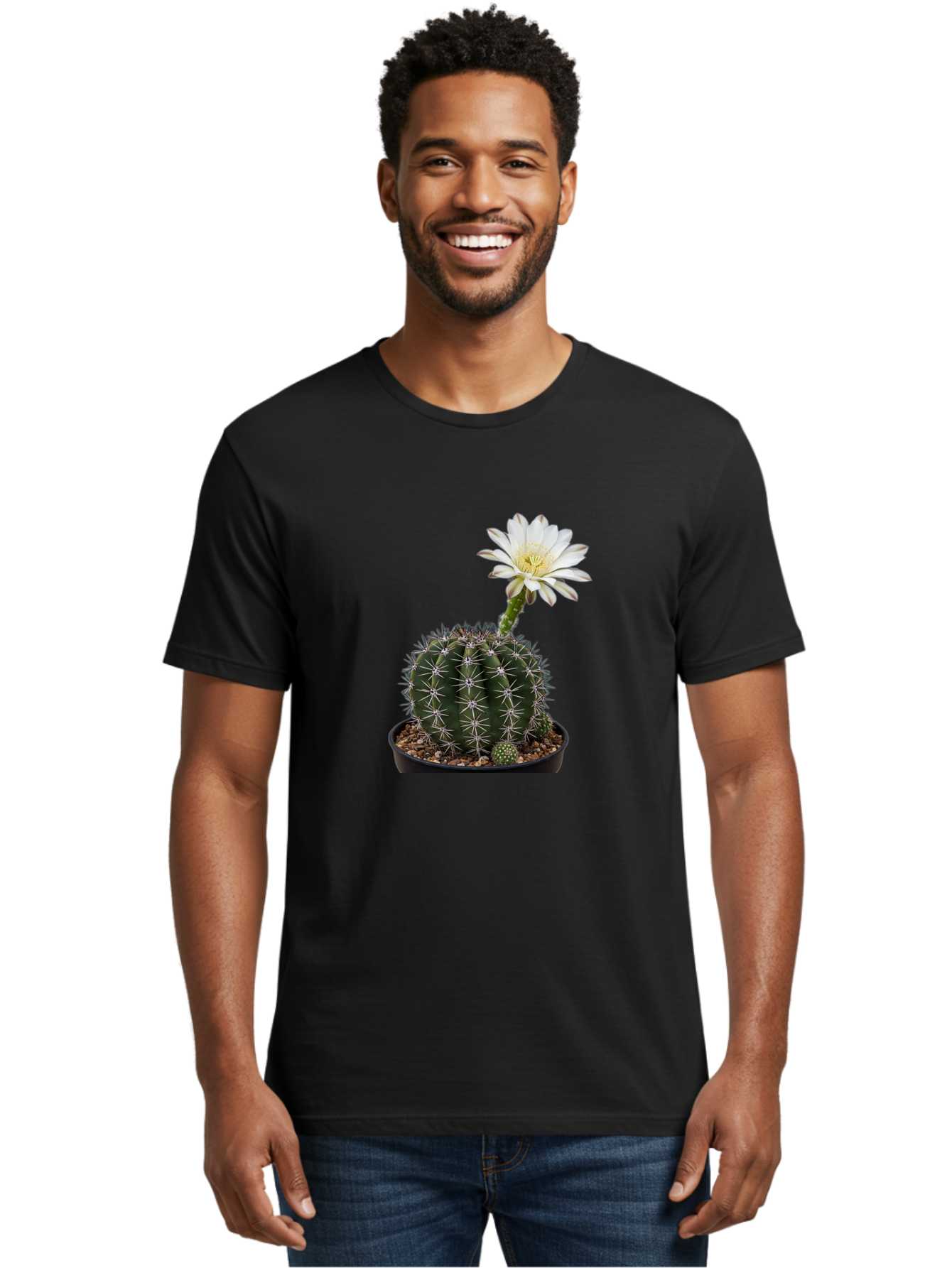 Cactus-With-White-Flower Men'S Graphic Tee, 100% Cotton, Comfortable Casual Summer Wear, Machine Washable, Cactus Plant, White Flower, Yellow Center, Spiky Texture, Potted Cactus, Succulent Bloom, Desert Flora, Floral Beauty, Cactus Flower, Bac769