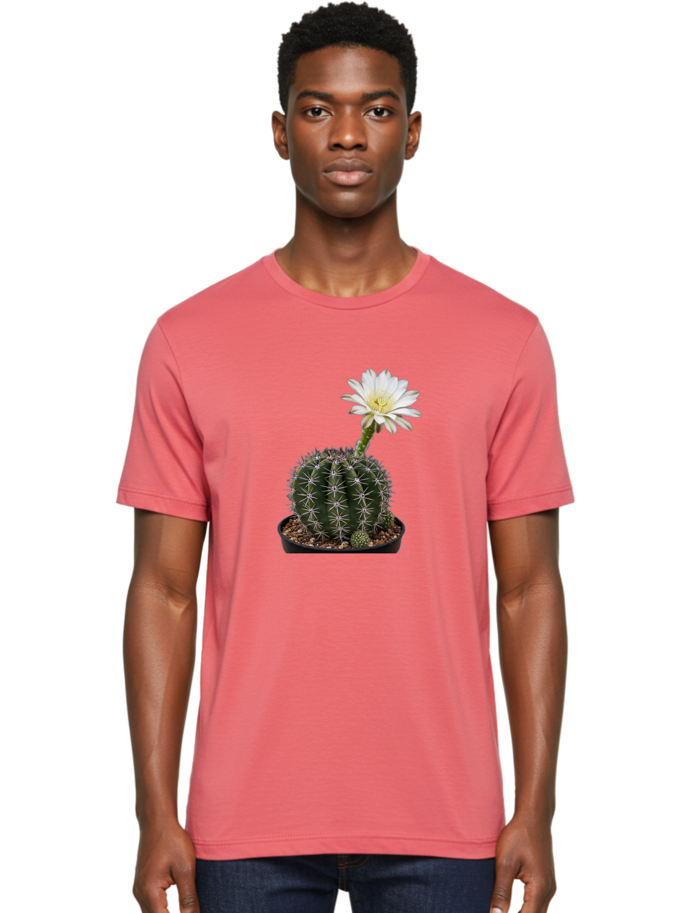 Cactus-With-White-Flower Men'S Graphic Tee, 100% Cotton, Comfortable Casual Summer Wear, Machine Washable, Cactus Plant, White Flower, Yellow Center, Spiky Texture, Potted Cactus, Succulent Bloom, Desert Flora, Floral Beauty, Cactus Flower, Bac769