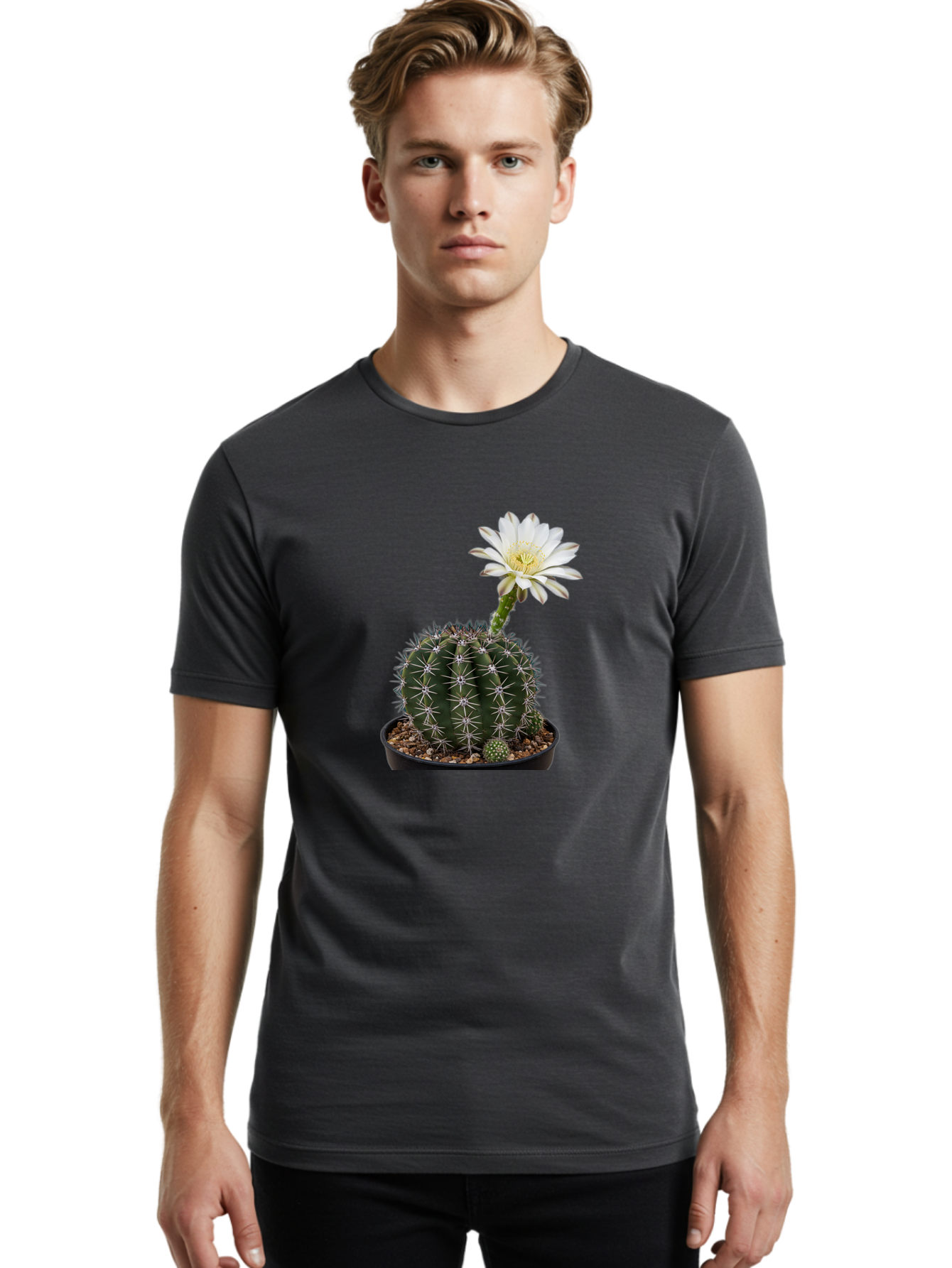 Cactus-With-White-Flower Men'S Graphic Tee, 100% Cotton, Comfortable Casual Summer Wear, Machine Washable, Cactus Plant, White Flower, Yellow Center, Spiky Texture, Potted Cactus, Succulent Bloom, Desert Flora, Floral Beauty, Cactus Flower, Bac769
