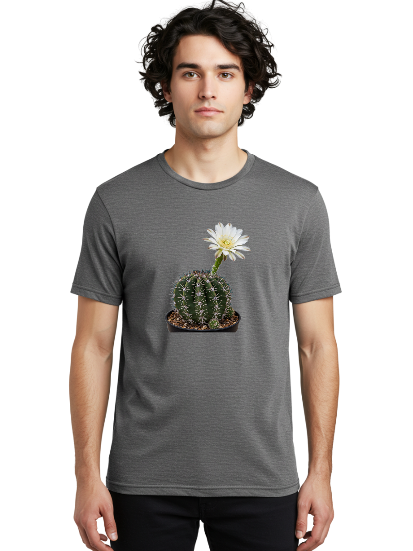 Cactus-With-White-Flower Men'S Graphic Tee, 100% Cotton, Comfortable Casual Summer Wear, Machine Washable, Cactus Plant, White Flower, Yellow Center, Spiky Texture, Potted Cactus, Succulent Bloom, Desert Flora, Floral Beauty, Cactus Flower, Bac769