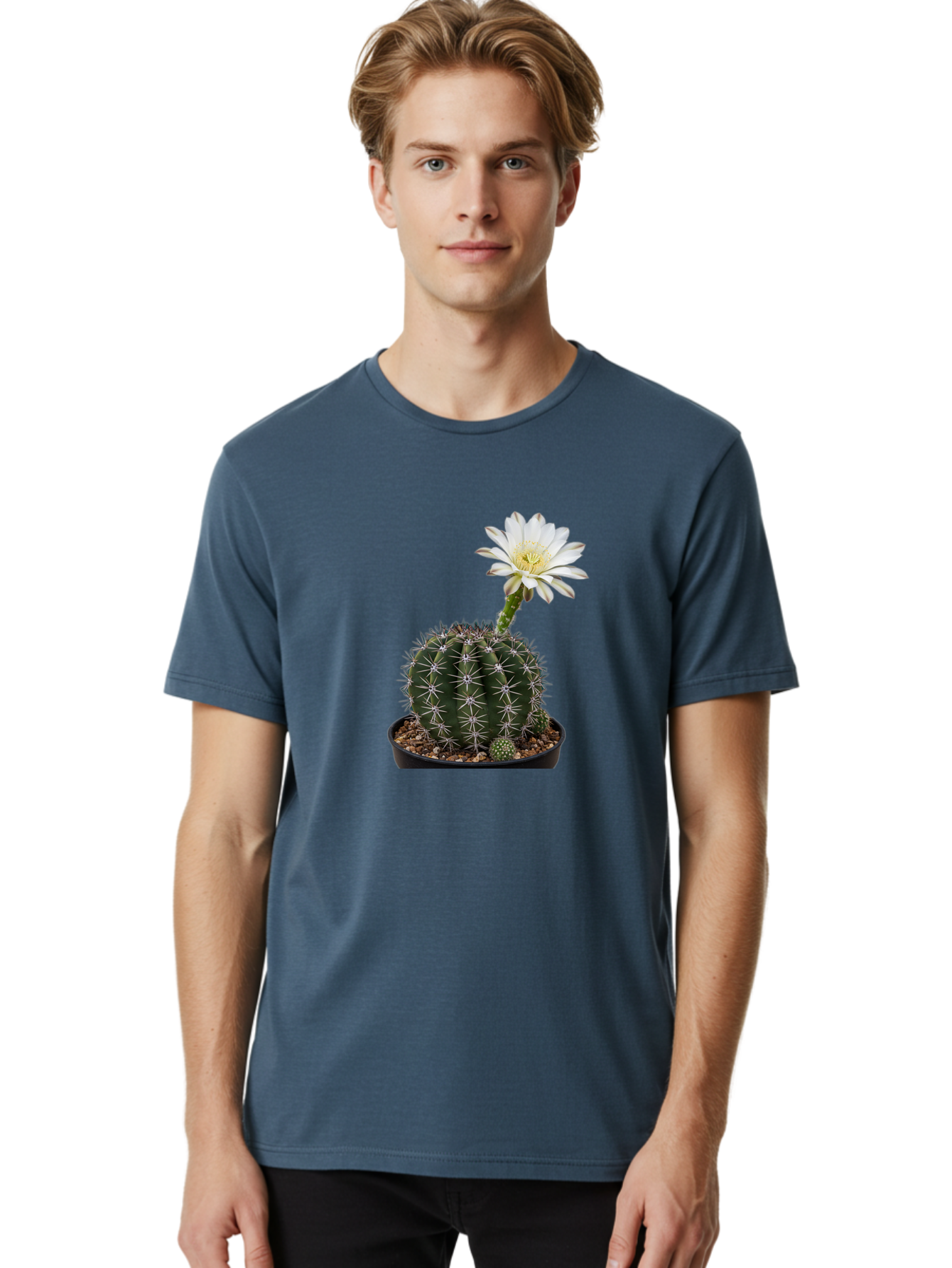 Cactus-With-White-Flower Men'S Graphic Tee, 100% Cotton, Comfortable Casual Summer Wear, Machine Washable, Cactus Plant, White Flower, Yellow Center, Spiky Texture, Potted Cactus, Succulent Bloom, Desert Flora, Floral Beauty, Cactus Flower, Bac769