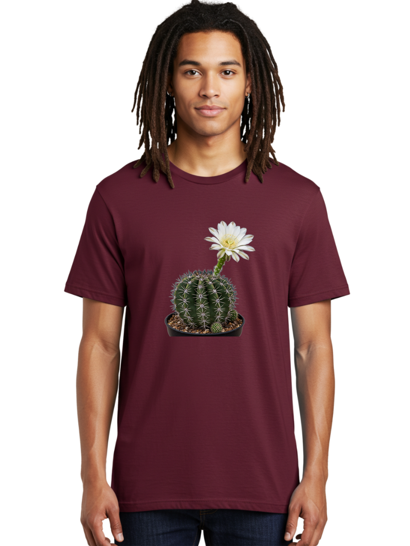 Cactus-With-White-Flower Men'S Graphic Tee, 100% Cotton, Comfortable Casual Summer Wear, Machine Washable, Cactus Plant, White Flower, Yellow Center, Spiky Texture, Potted Cactus, Succulent Bloom, Desert Flora, Floral Beauty, Cactus Flower, Bac769