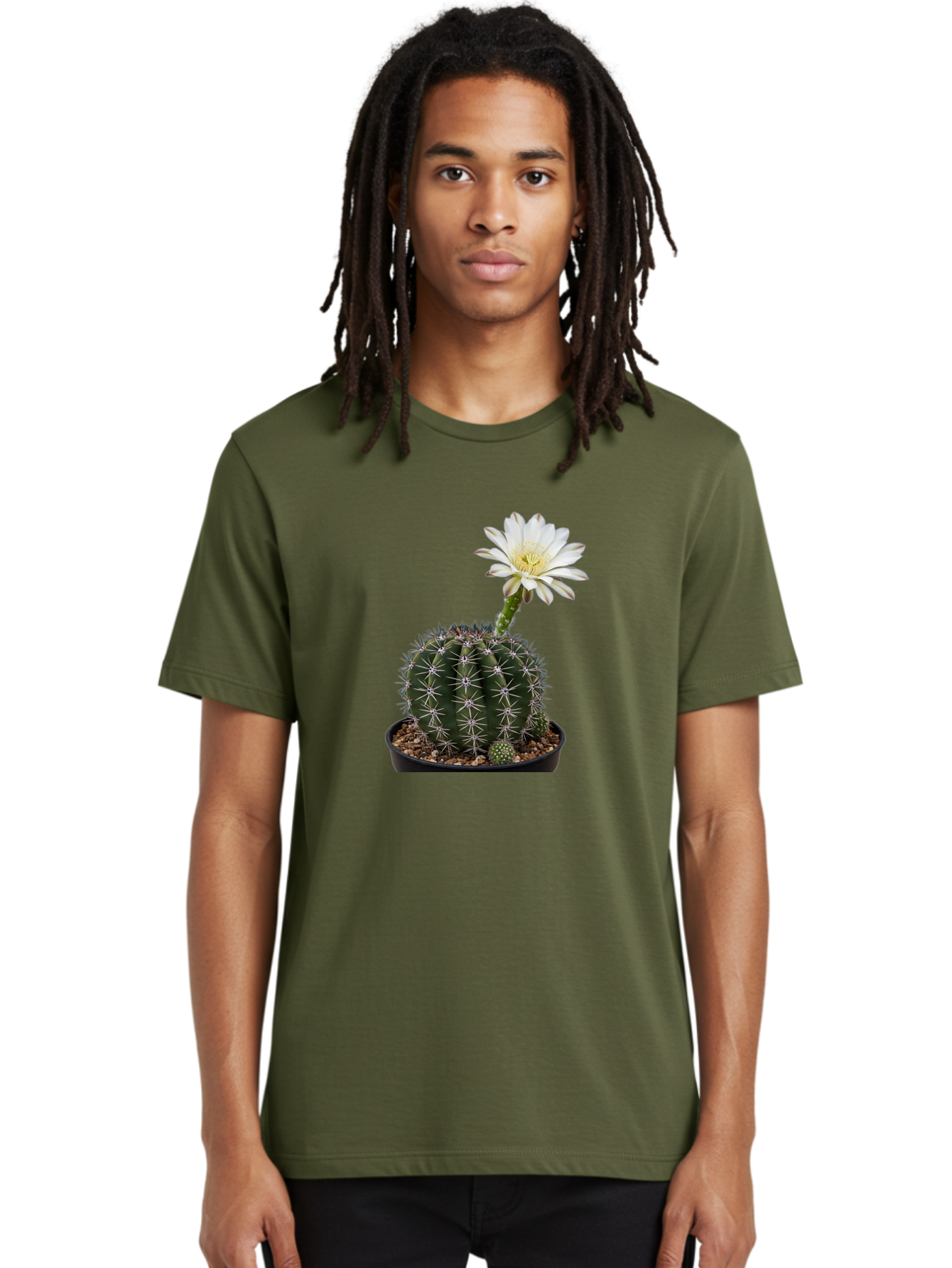 Cactus-With-White-Flower Men'S Graphic Tee, 100% Cotton, Comfortable Casual Summer Wear, Machine Washable, Cactus Plant, White Flower, Yellow Center, Spiky Texture, Potted Cactus, Succulent Bloom, Desert Flora, Floral Beauty, Cactus Flower, Bac769
