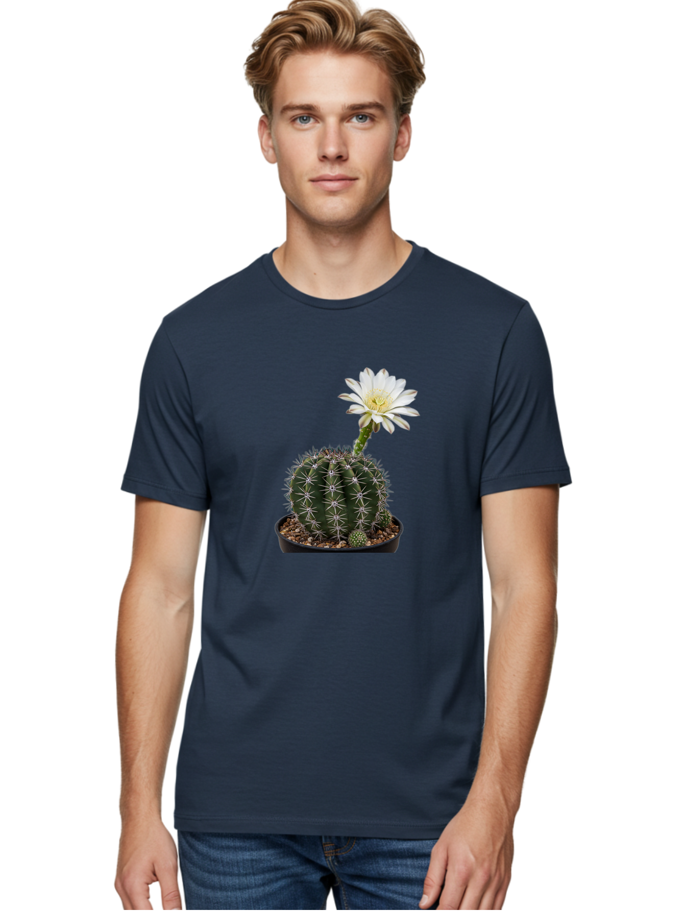 Cactus-With-White-Flower Men'S Graphic Tee, 100% Cotton, Comfortable Casual Summer Wear, Machine Washable, Cactus Plant, White Flower, Yellow Center, Spiky Texture, Potted Cactus, Succulent Bloom, Desert Flora, Floral Beauty, Cactus Flower, Bac769