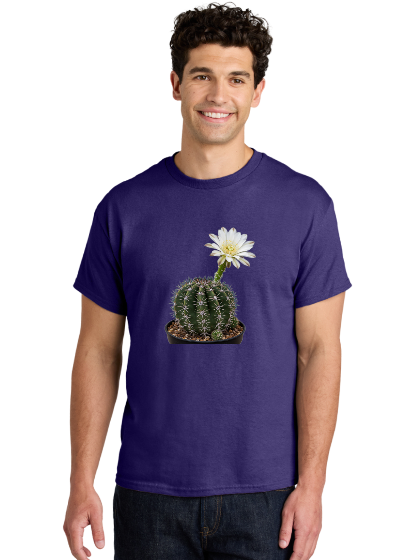 Cactus-With-White-Flower Men'S Graphic Tee, 100% Cotton, Comfortable Casual Summer Wear, Machine Washable, Cactus Plant, White Flower, Yellow Center, Spiky Texture, Potted Cactus, Succulent Bloom, Desert Flora, Floral Beauty, Cactus Flower, Bac769