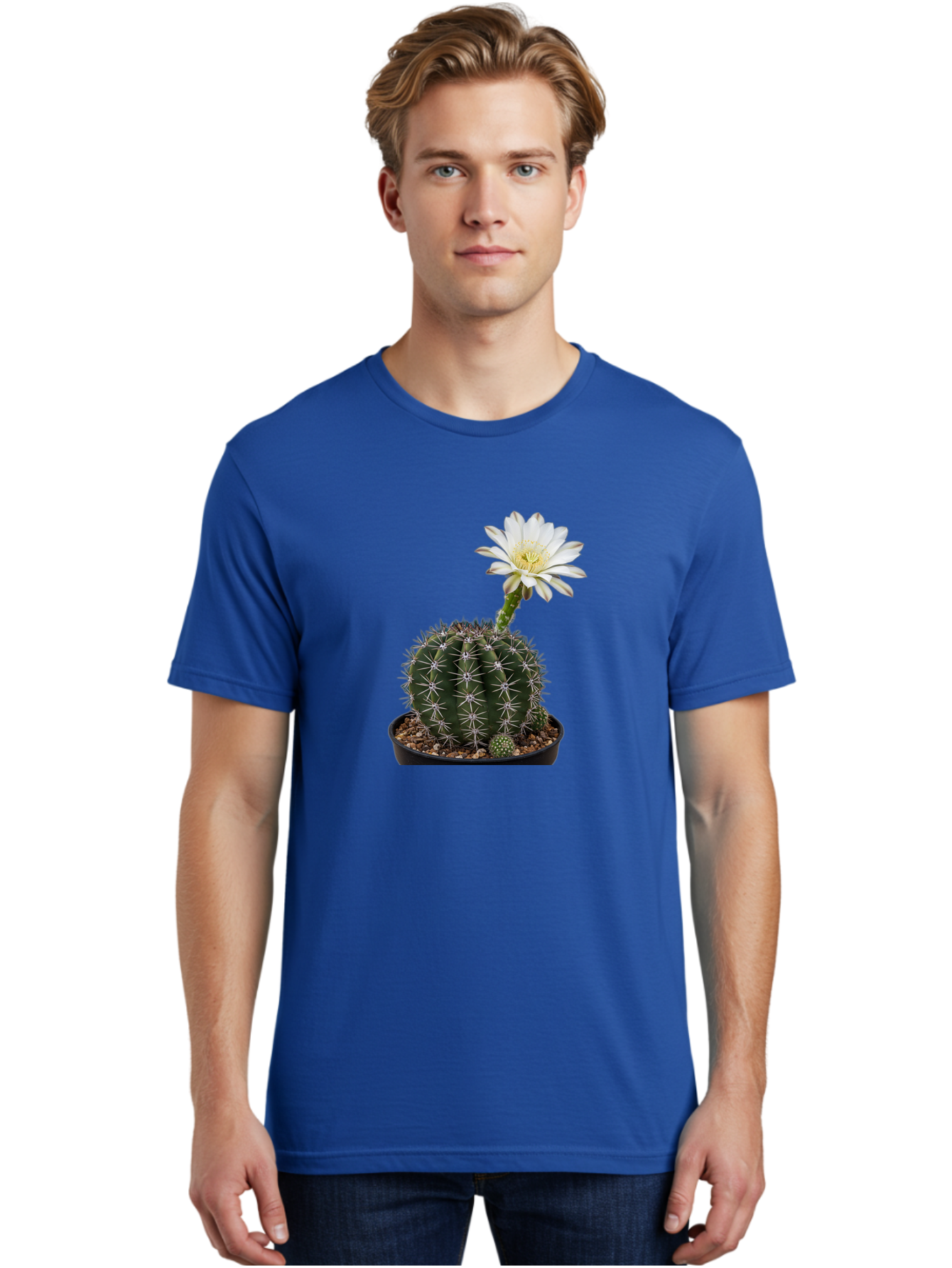 Cactus-With-White-Flower Men'S Graphic Tee, 100% Cotton, Comfortable Casual Summer Wear, Machine Washable, Cactus Plant, White Flower, Yellow Center, Spiky Texture, Potted Cactus, Succulent Bloom, Desert Flora, Floral Beauty, Cactus Flower, Bac769